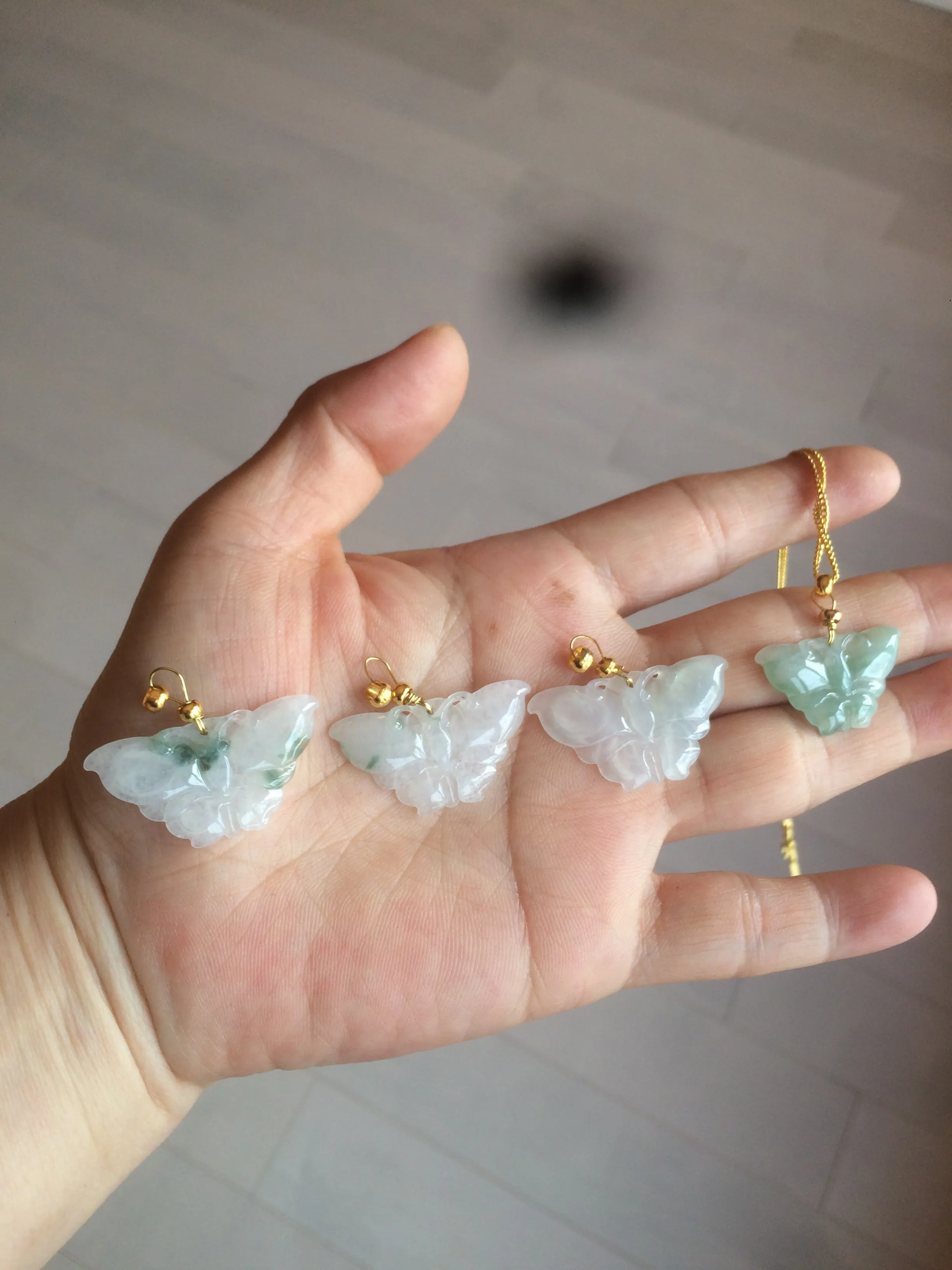 100% Natural icy watery light green/white 3D Jadeite Jade butterfly pendant AF16