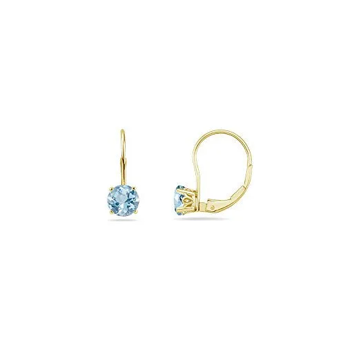 1.25-1.55 Cts of 6 mm AA Round Aquamarine Stud Earrings with Scroll Lever Backs in 14K Yellow Gold