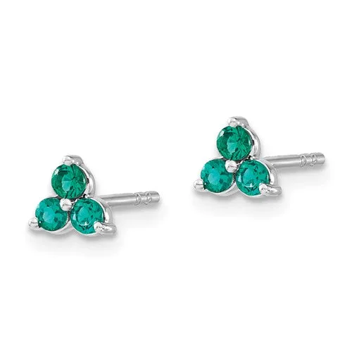 14k White Gold Created Emerald 3-Stone Cluster Earrings