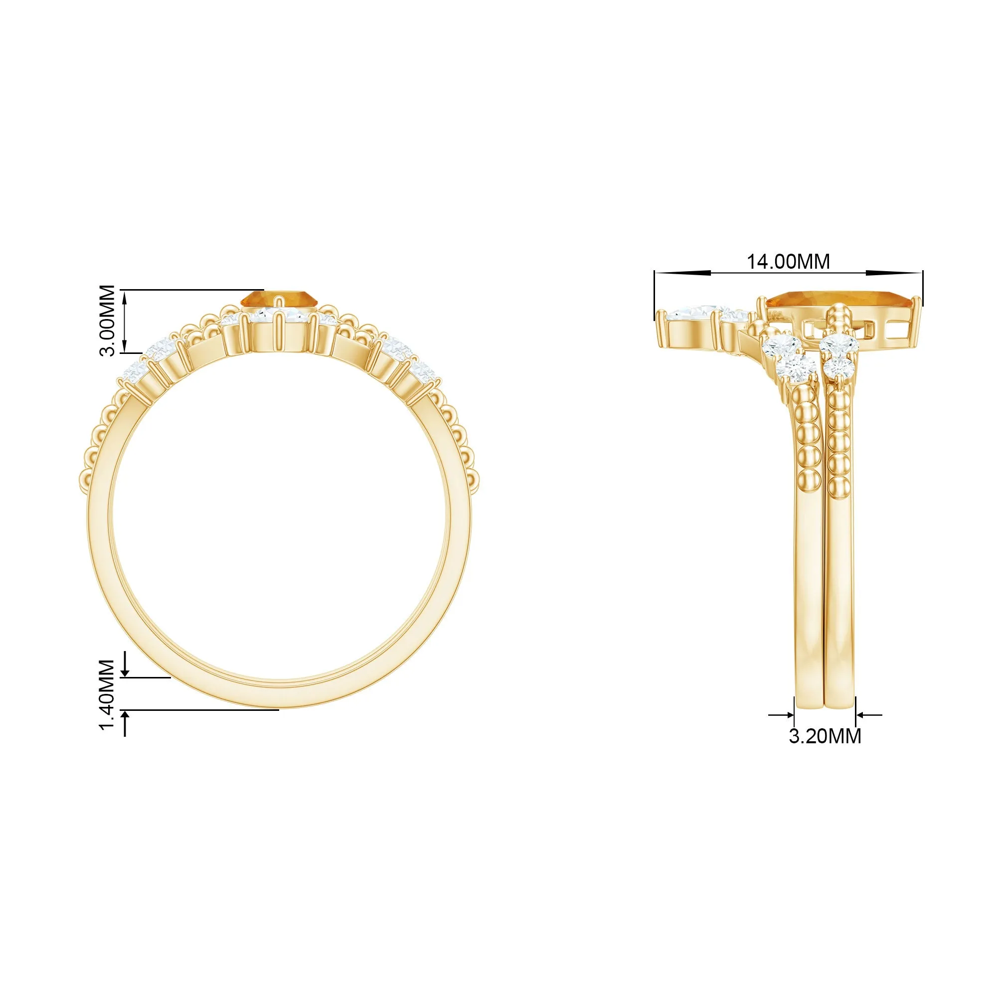 1.50 CT Natural Citrine and Moissanite Beaded Ring Set