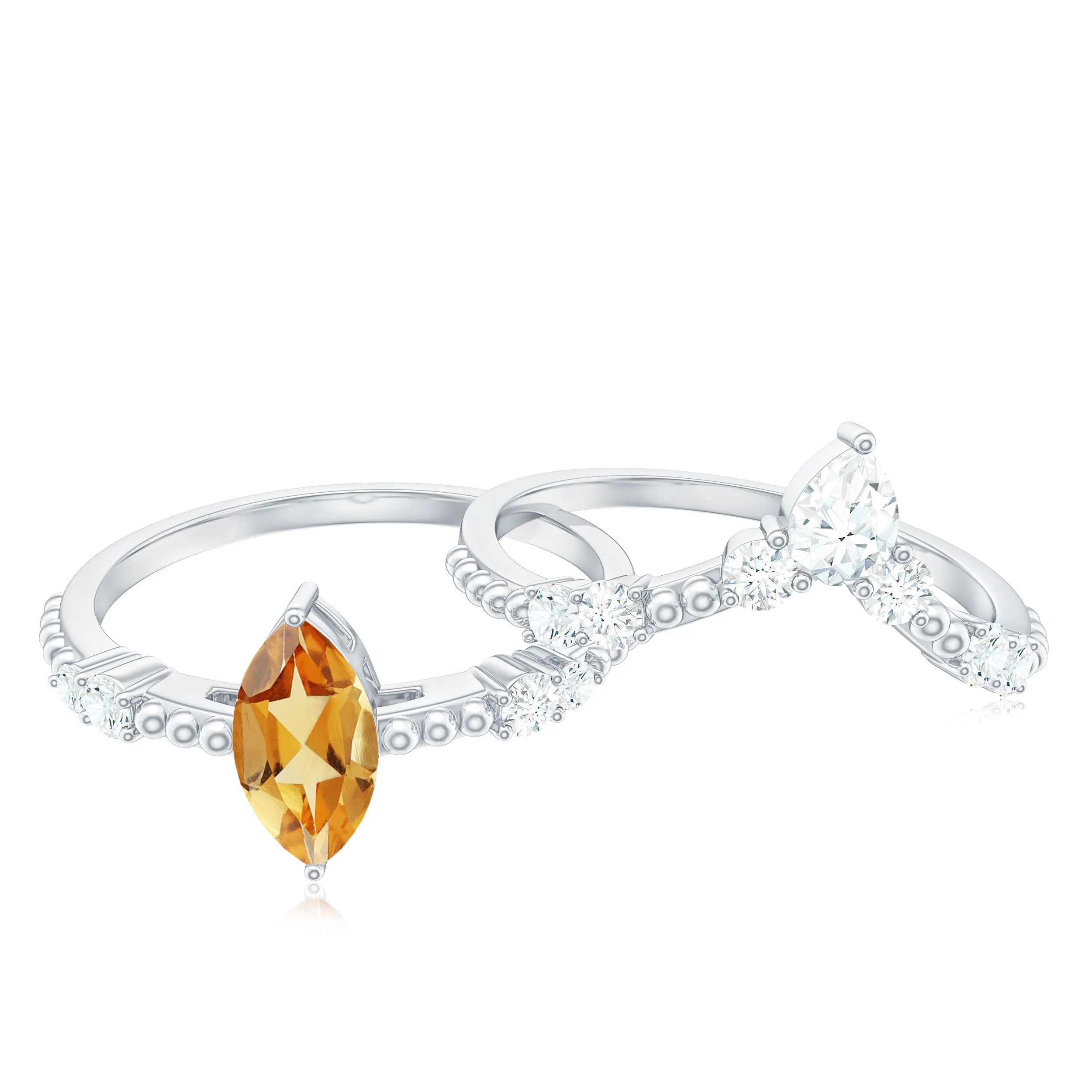 1.50 CT Natural Citrine and Moissanite Beaded Ring Set