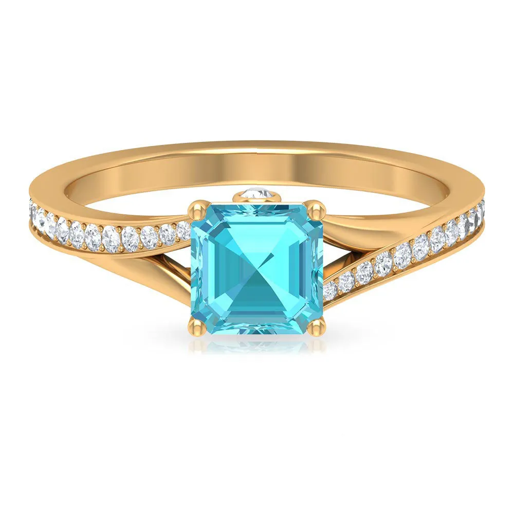 1.50 CT Split Shank Swiss Blue Topaz Solitaire with Diamond Side Stone Ring