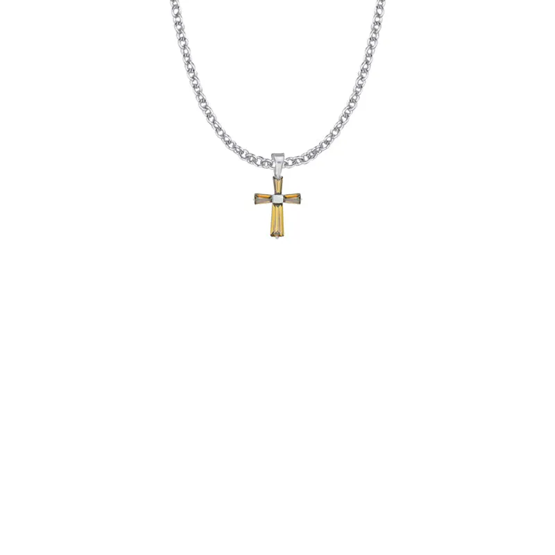 5/8 Inch Sterling Silver and Glass Crystal First Communion November Birthstone Baguette Cross Necklace