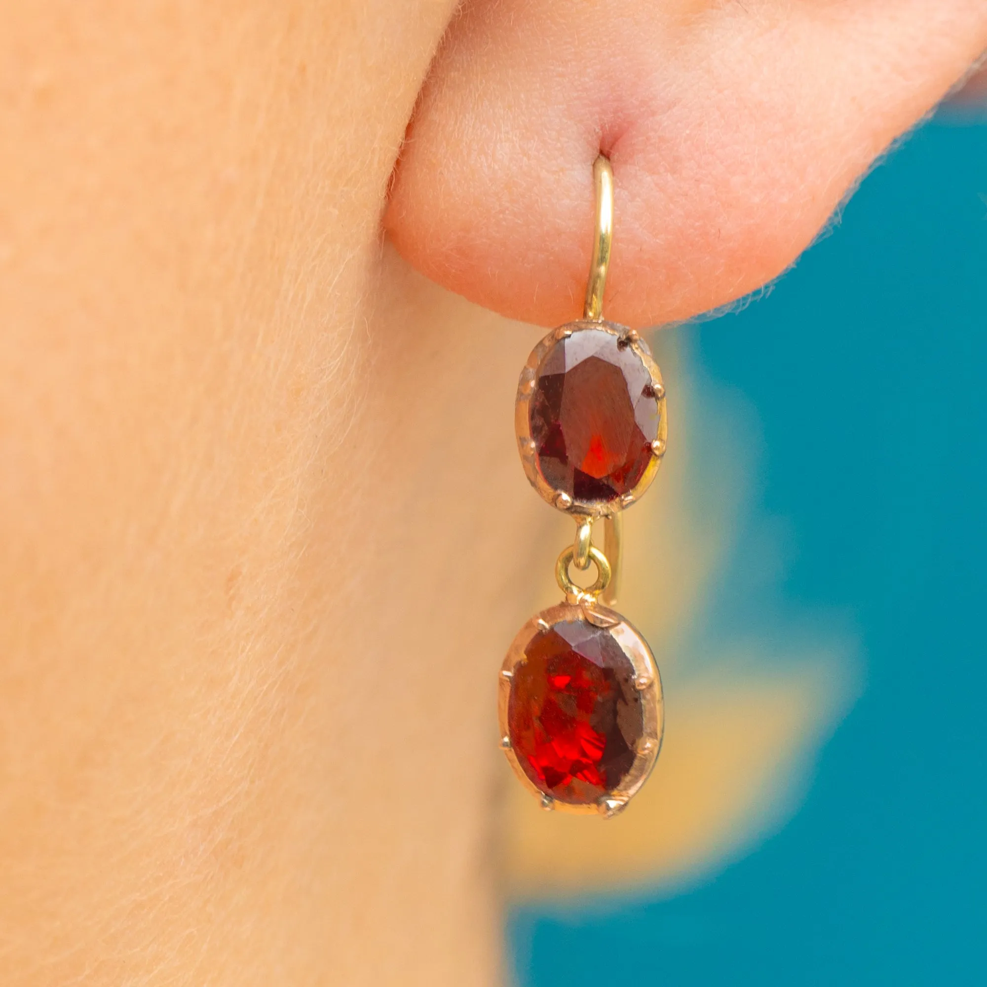 9ct Gold Georgian Flat-Cut Garnet Drop Earrings, 15ct Hooks