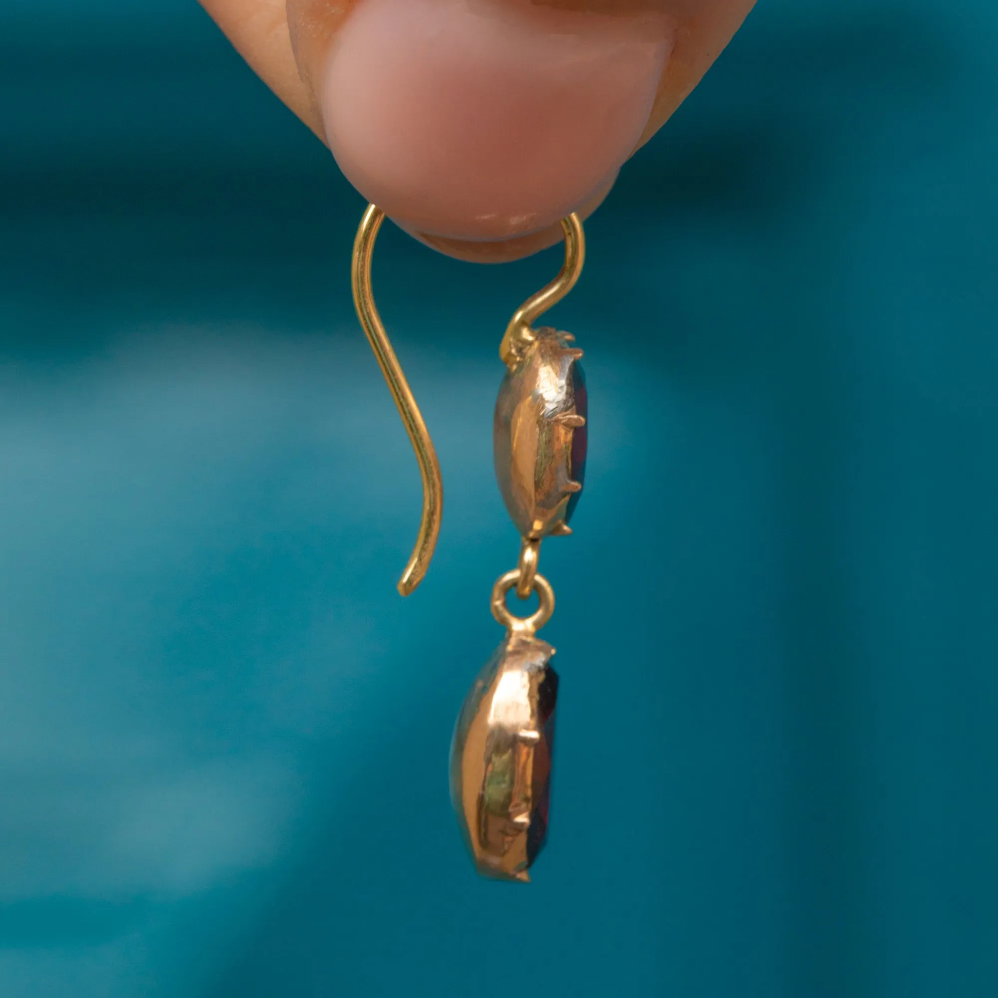 9ct Gold Georgian Flat-Cut Garnet Drop Earrings, 15ct Hooks
