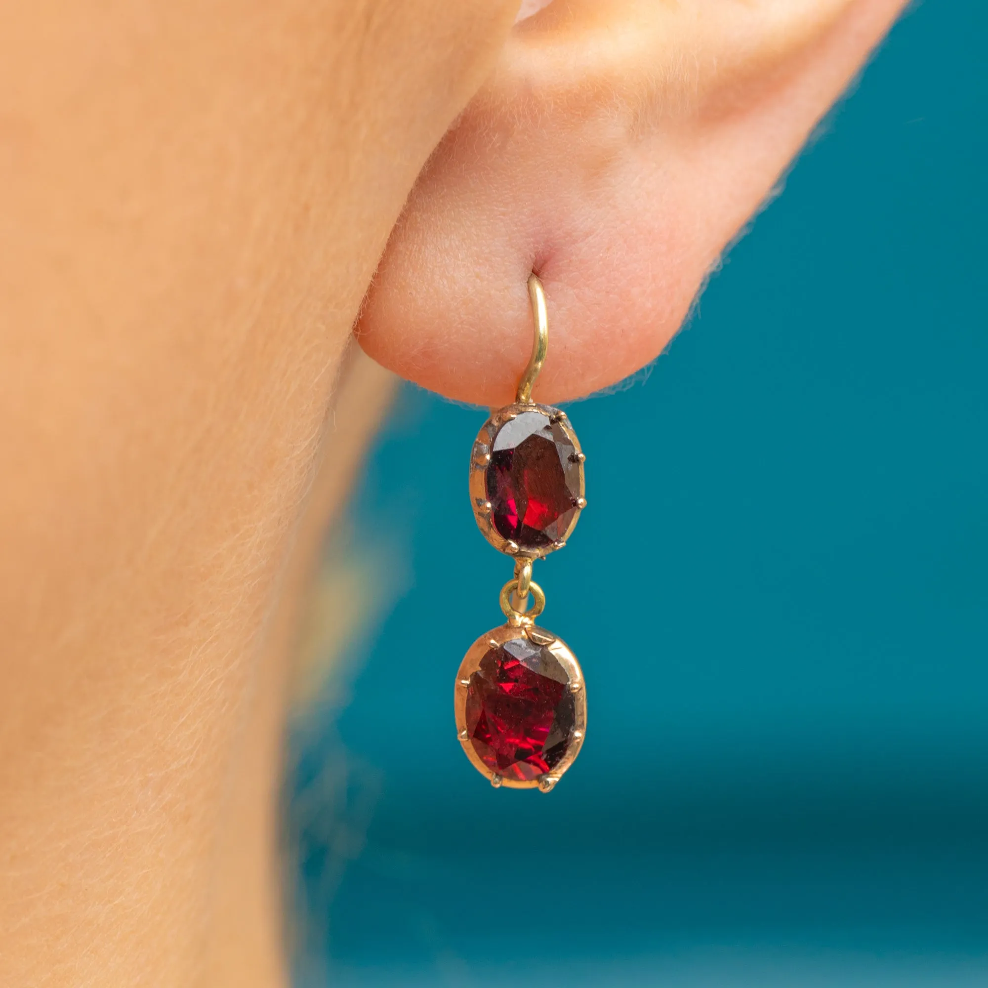 9ct Gold Georgian Flat-Cut Garnet Drop Earrings, 15ct Hooks