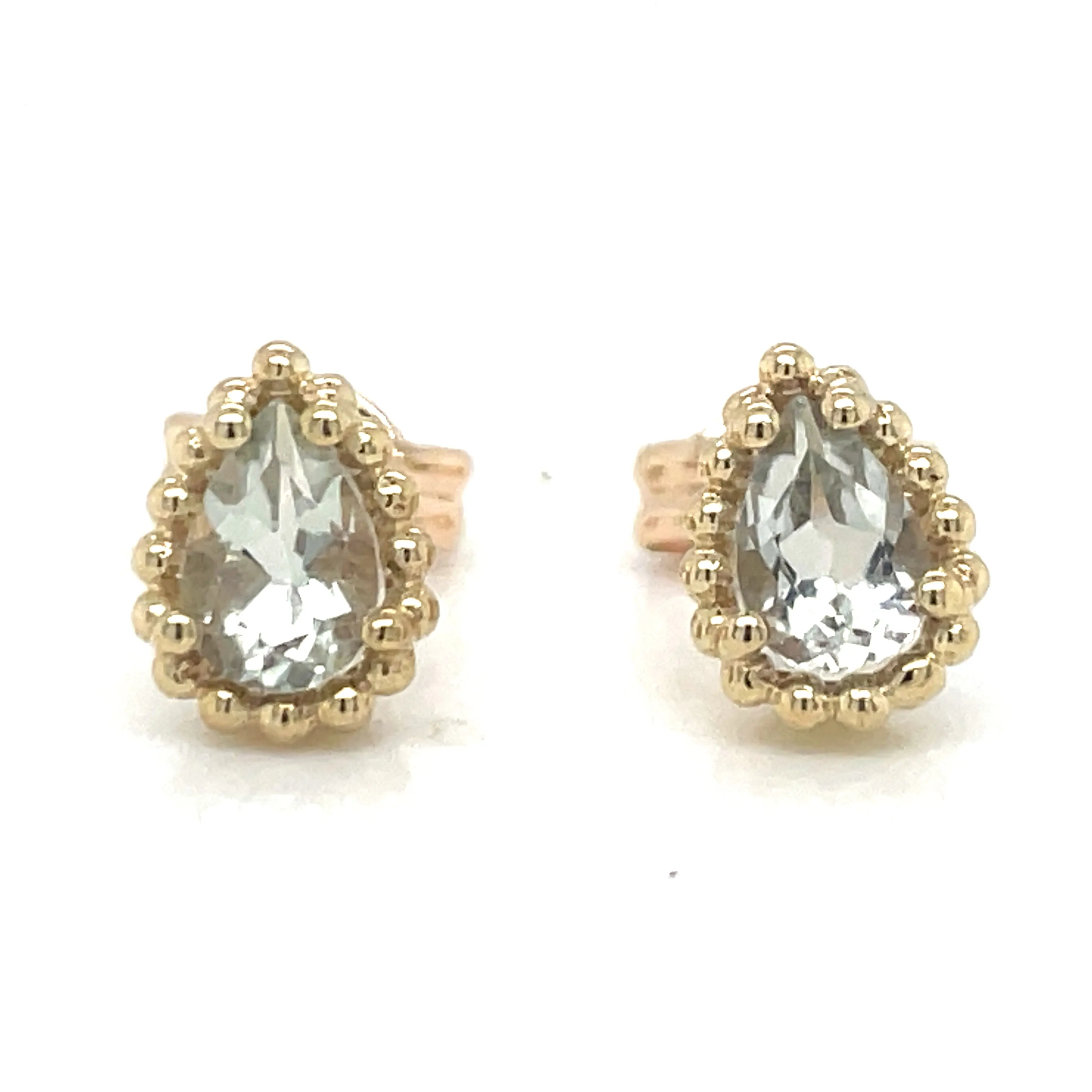 9ct Yellow Gold Pear Cut Green Amethyst Earrings with Dotted Edge