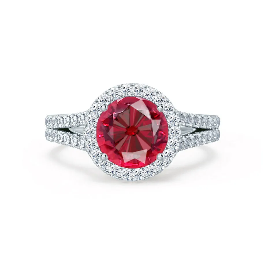 AMELIA - Chatham® Lab Grown Red Ruby & Diamond 18k White Gold Halo Ring