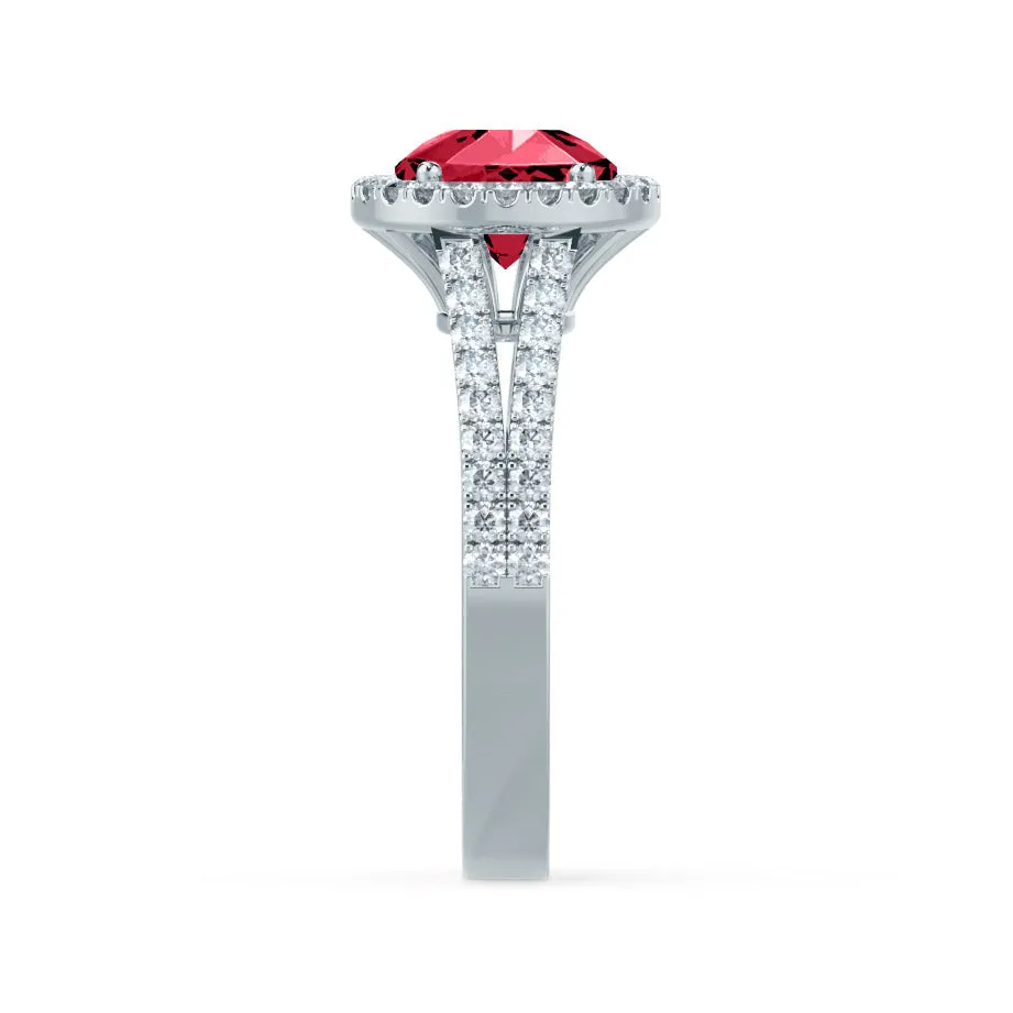 AMELIA - Chatham® Lab Grown Red Ruby & Diamond 18k White Gold Halo Ring