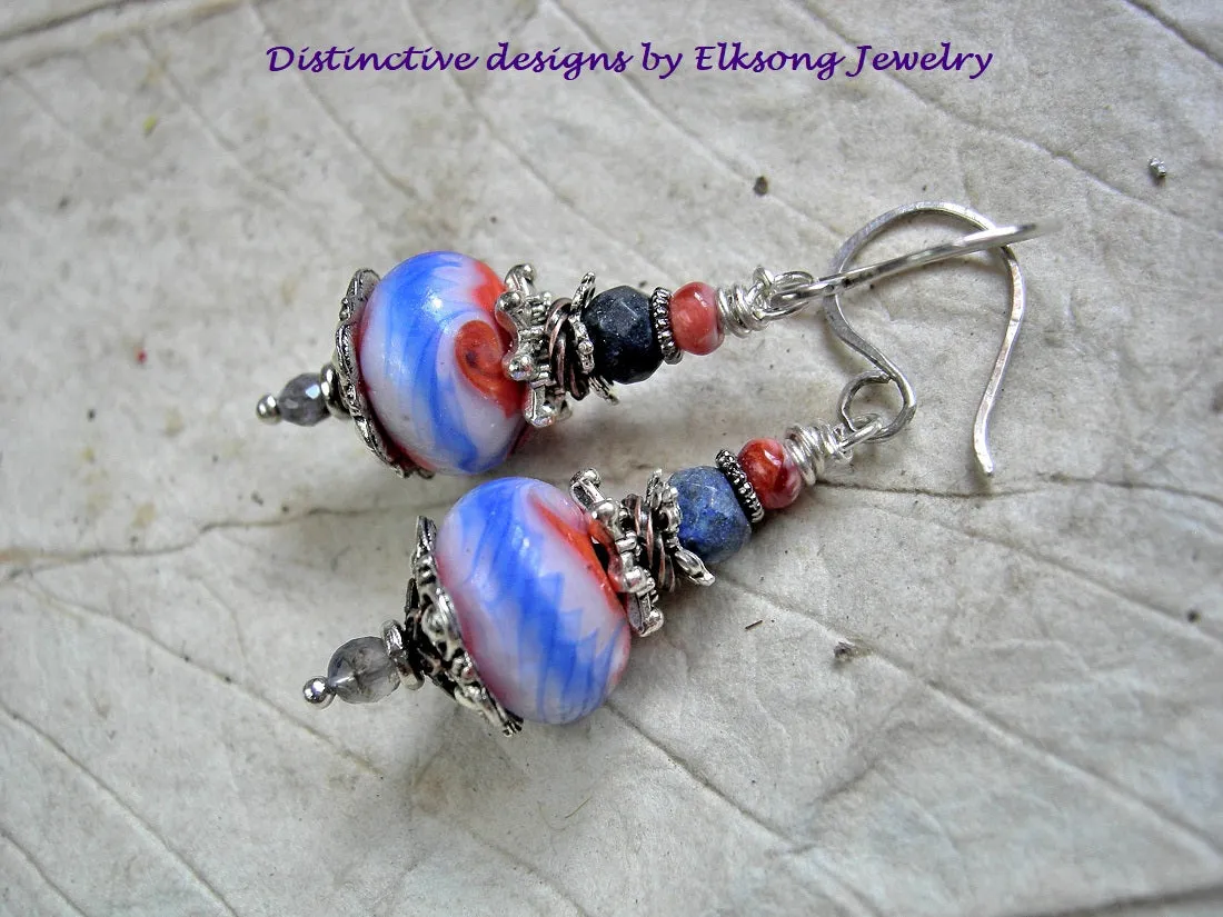 Art Bead Earrings, Handmade Lampwork Glass, Lapis & Spiny Oyster