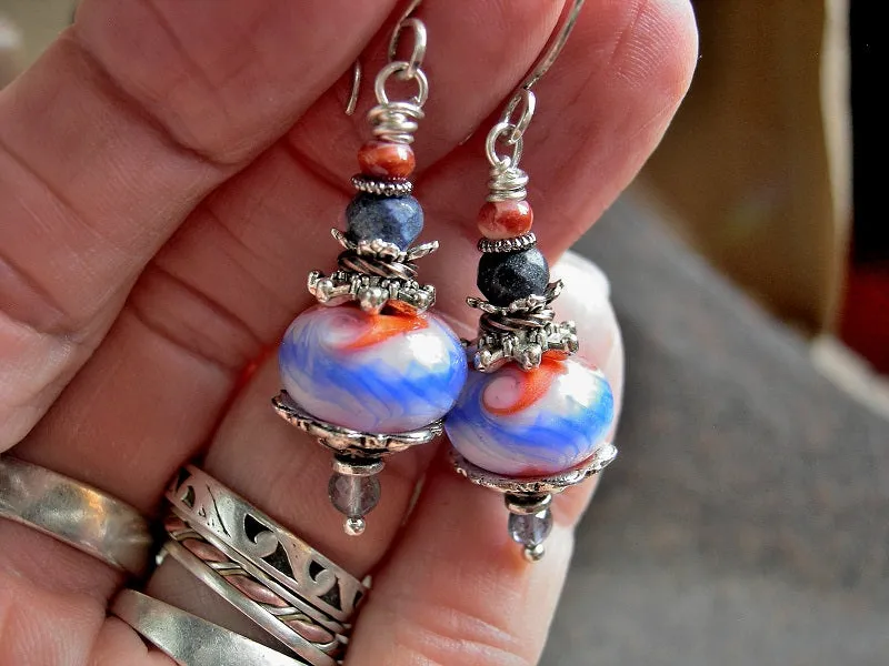 Art Bead Earrings, Handmade Lampwork Glass, Lapis & Spiny Oyster