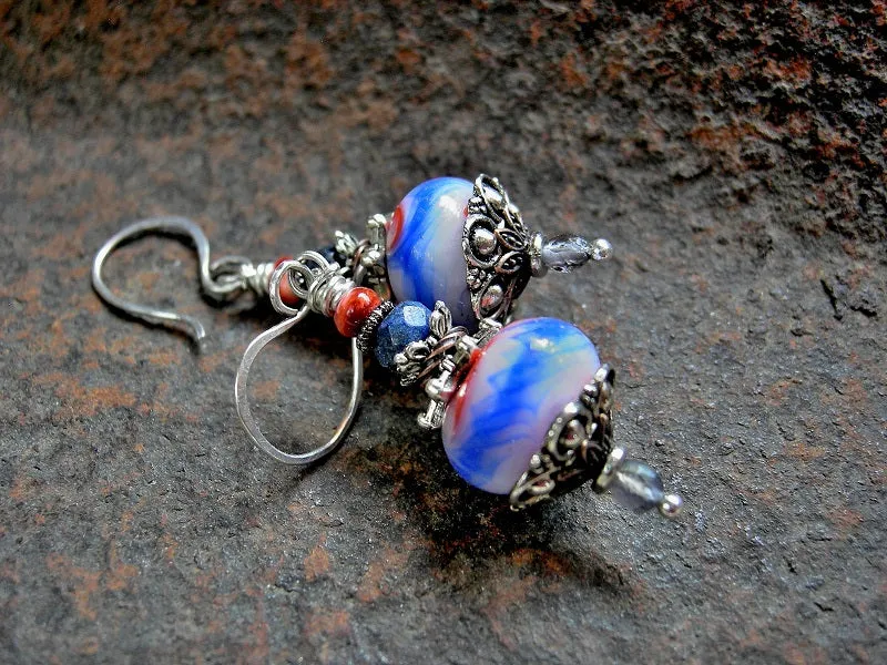 Art Bead Earrings, Handmade Lampwork Glass, Lapis & Spiny Oyster