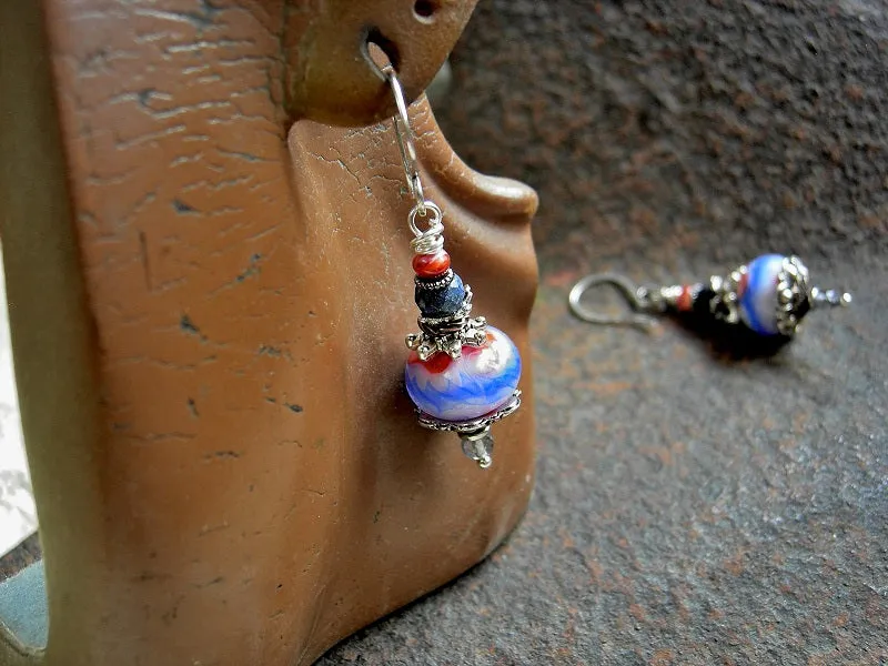 Art Bead Earrings, Handmade Lampwork Glass, Lapis & Spiny Oyster
