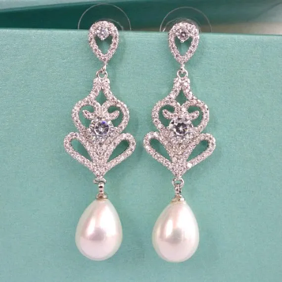 Art Deco Pearl Wedding Earrings, CZ Pearl Drop Bridal Earrings, Crystal Pearl Dangle Bridal Earrings, Bridesmaid Earrings, Vintage Wedding