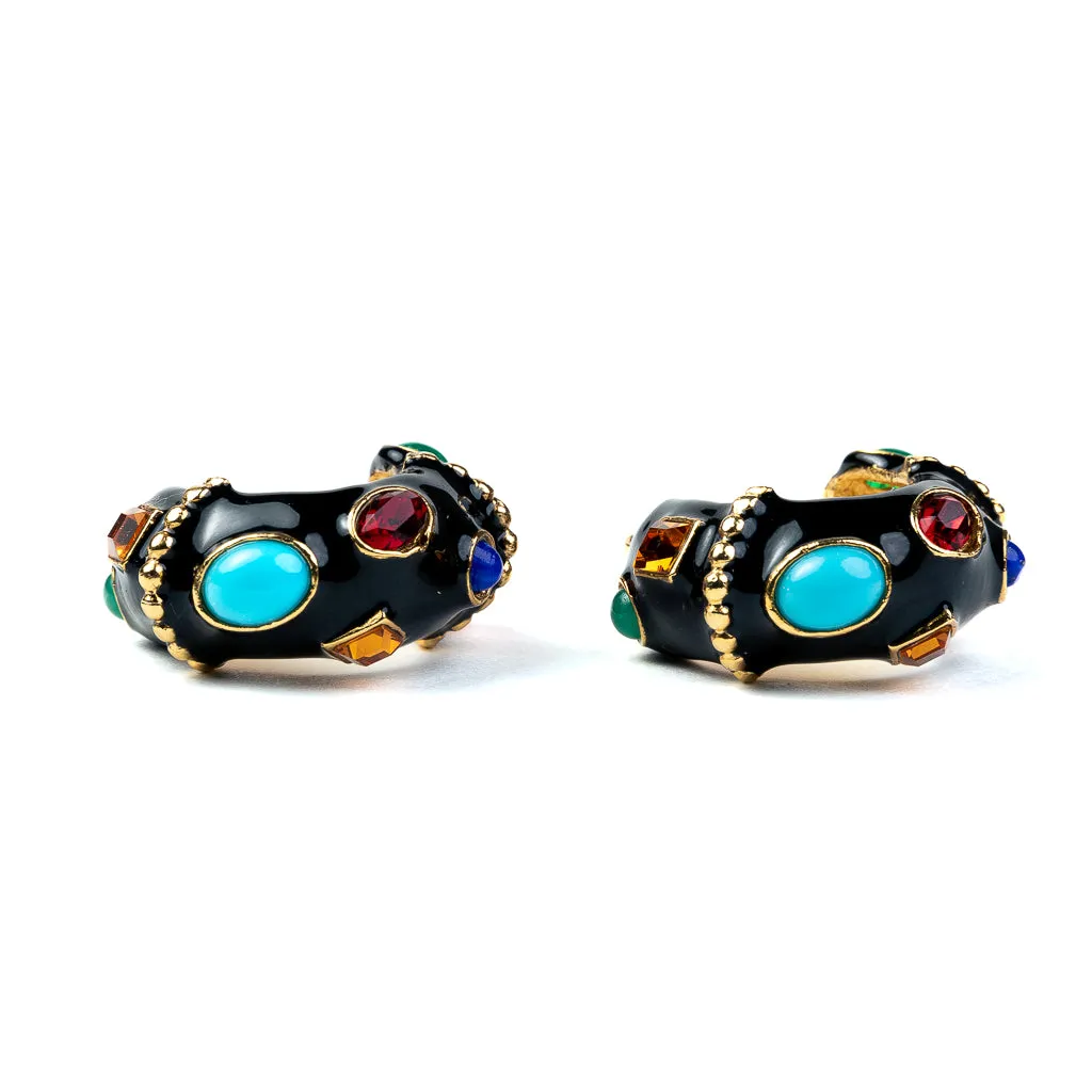 Black & Multicolored Gemstone Hoop Clip Earrings