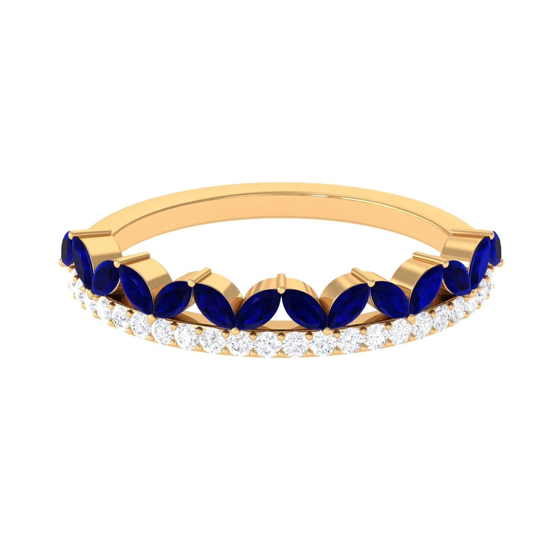 Blue Sapphire and Diamond Crown Style Half Eternity Ring