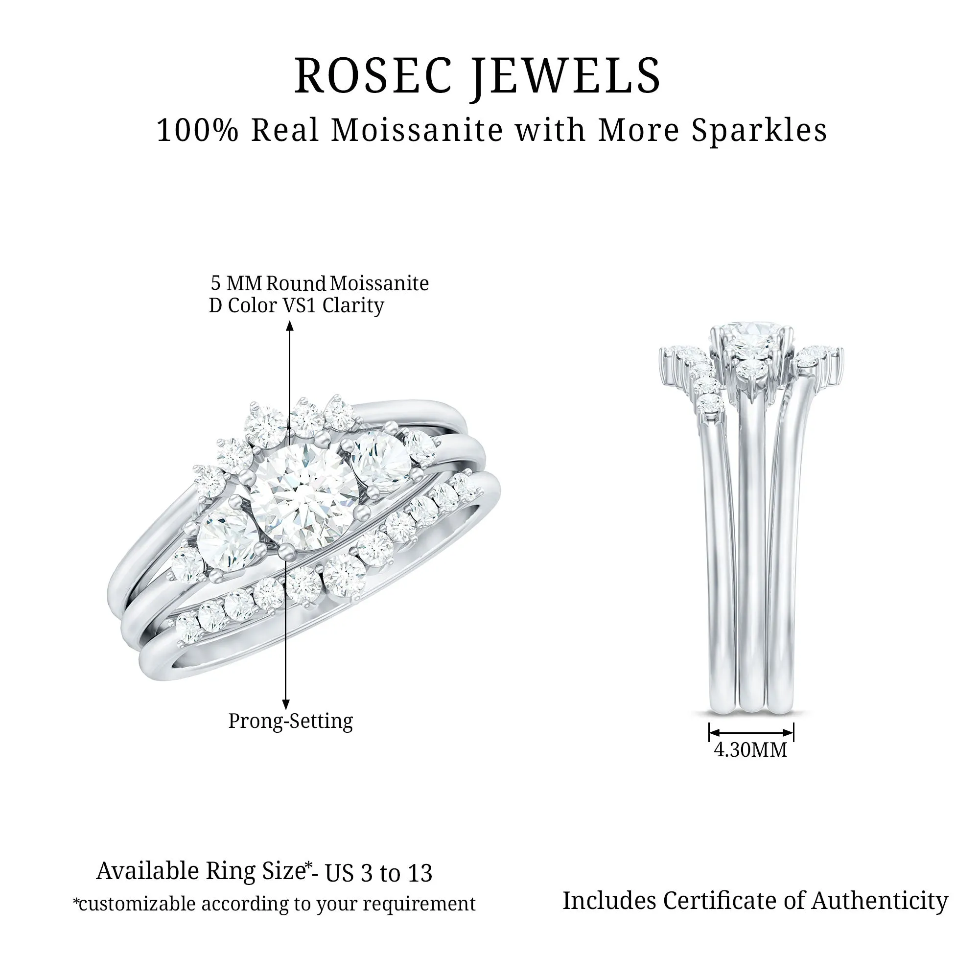 Certified Moissanite Trio Bridal Ring Set