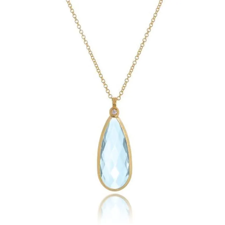 Color Collection 14KT Yellow Gold Blue Topaz & Diamond Cushion Cut Pendant Necklace