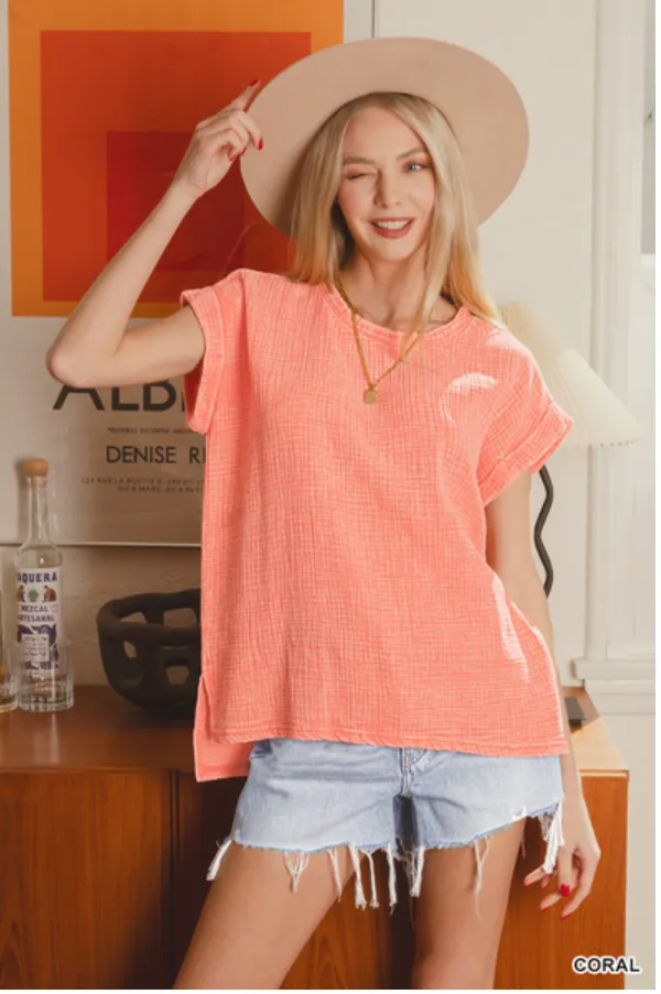 Coral Gauze Short Sleeve Top