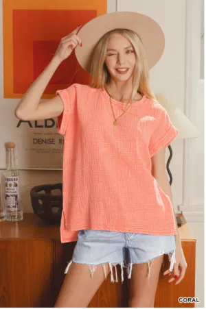 Coral Gauze Short Sleeve Top