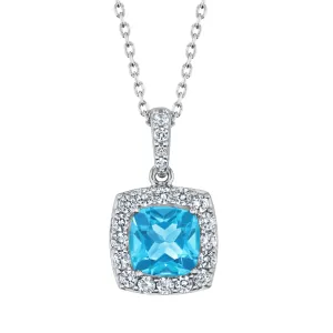 Cushion Swiss Blue Topaz and Created White Sapphire Sterling Silver Pendant Necklace