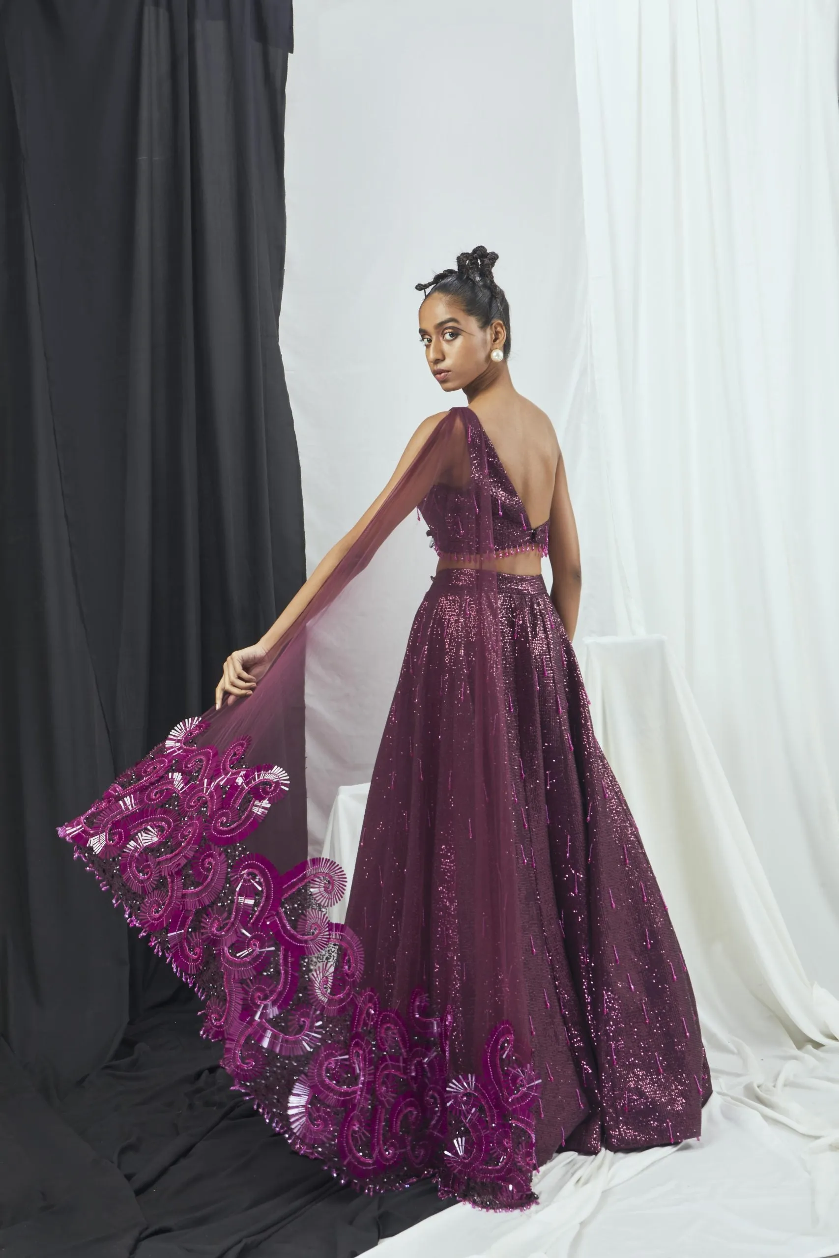 Embellished One Shoulder Lehenga Set with Attched Dupatta