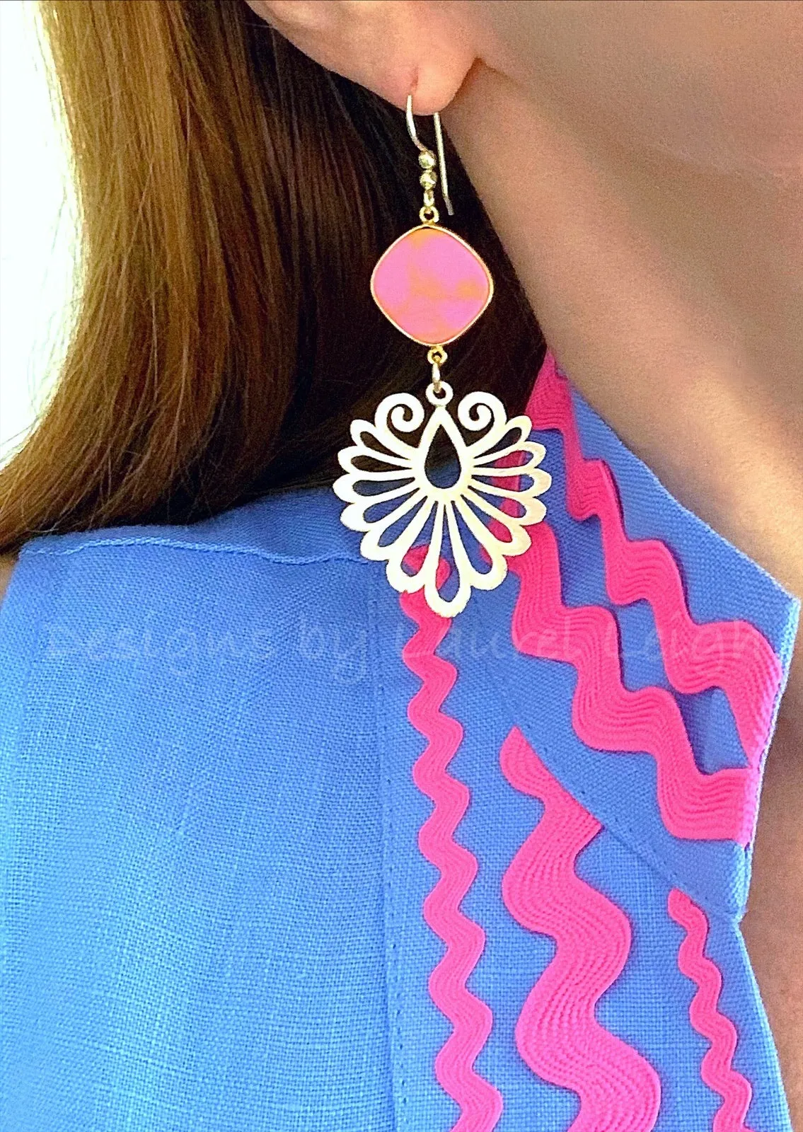 Gold Filigree & Pink Jasper Gemstone Drop Earrings