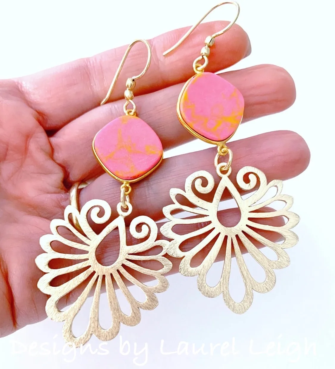 Gold Filigree & Pink Jasper Gemstone Drop Earrings