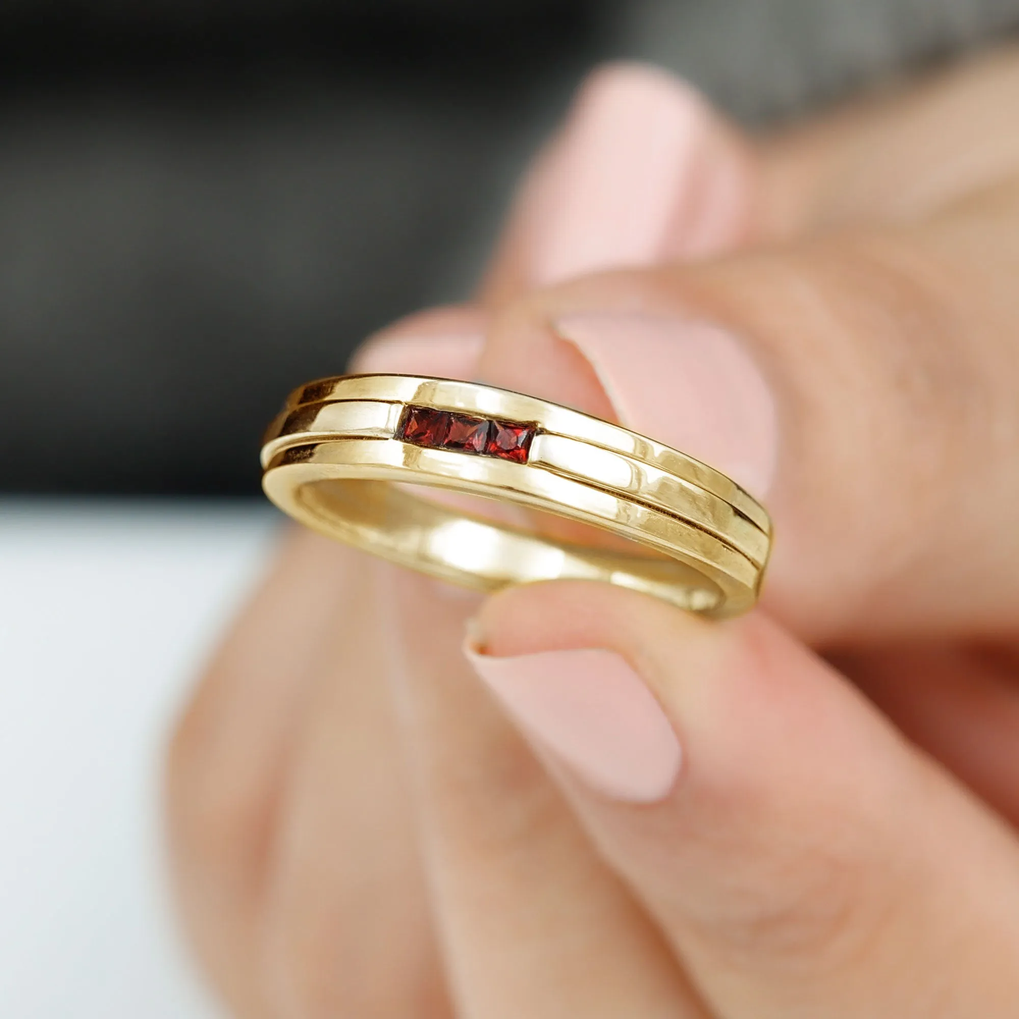 Gold Garnet Unisex Band Ring in Channel Setting