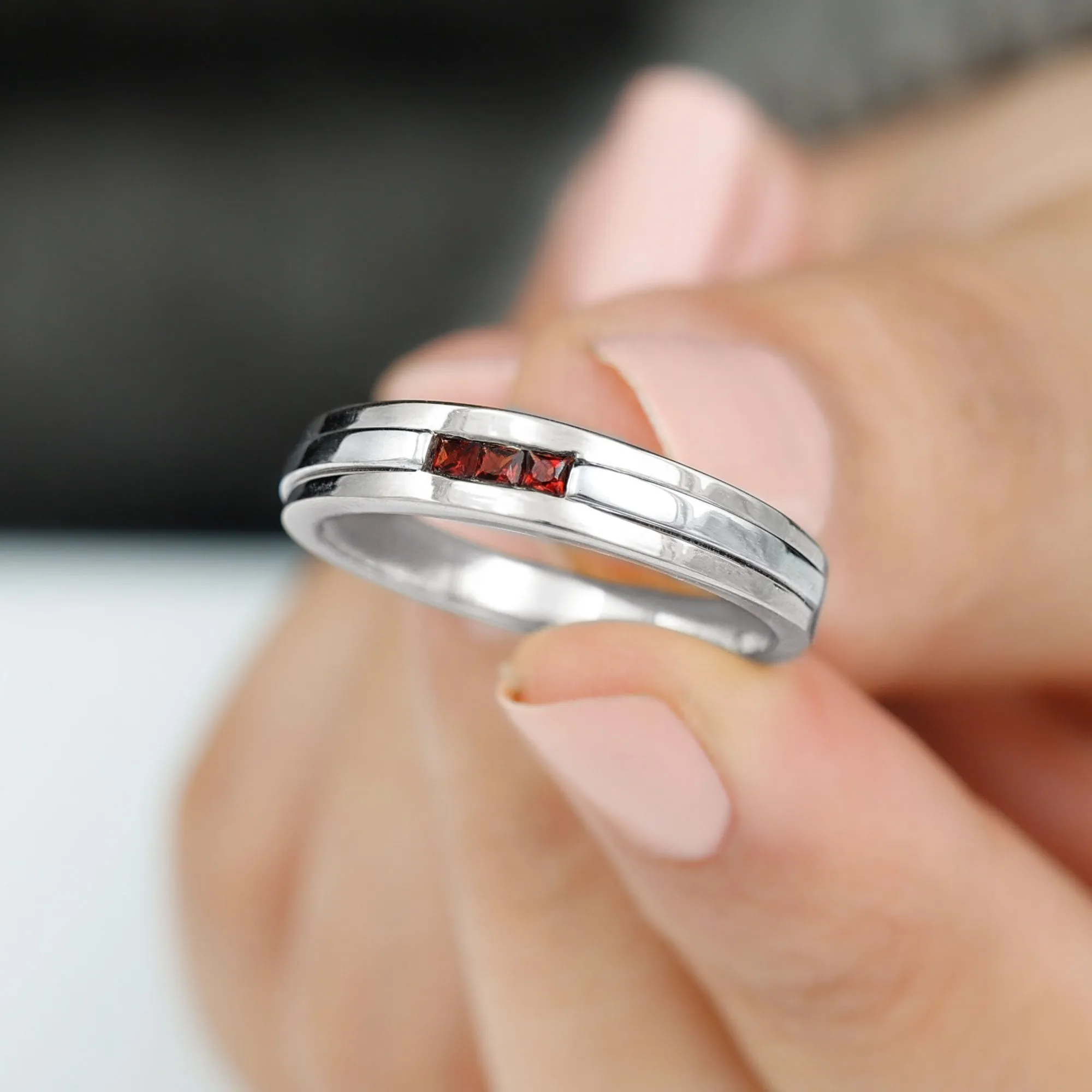 Gold Garnet Unisex Band Ring in Channel Setting