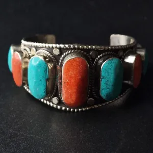 Handmade Jewellery Bracelet Turquoise and Coral Cabochons
