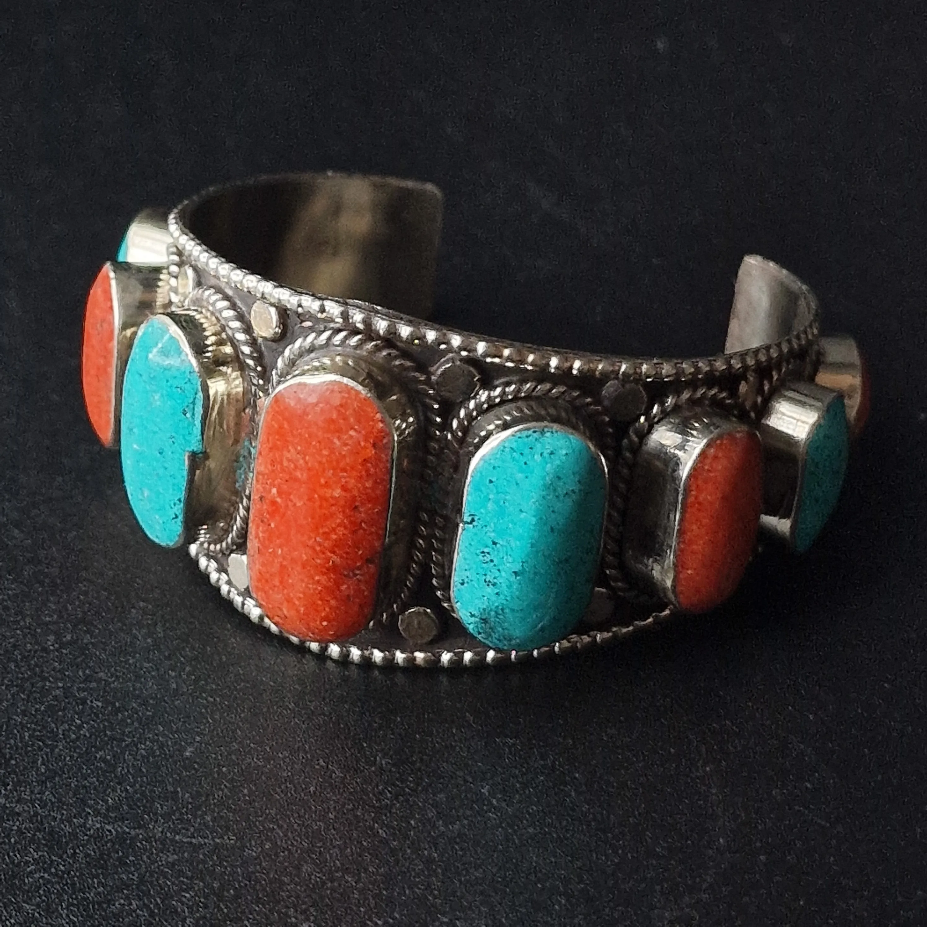 Handmade Jewellery Bracelet Turquoise and Coral Cabochons