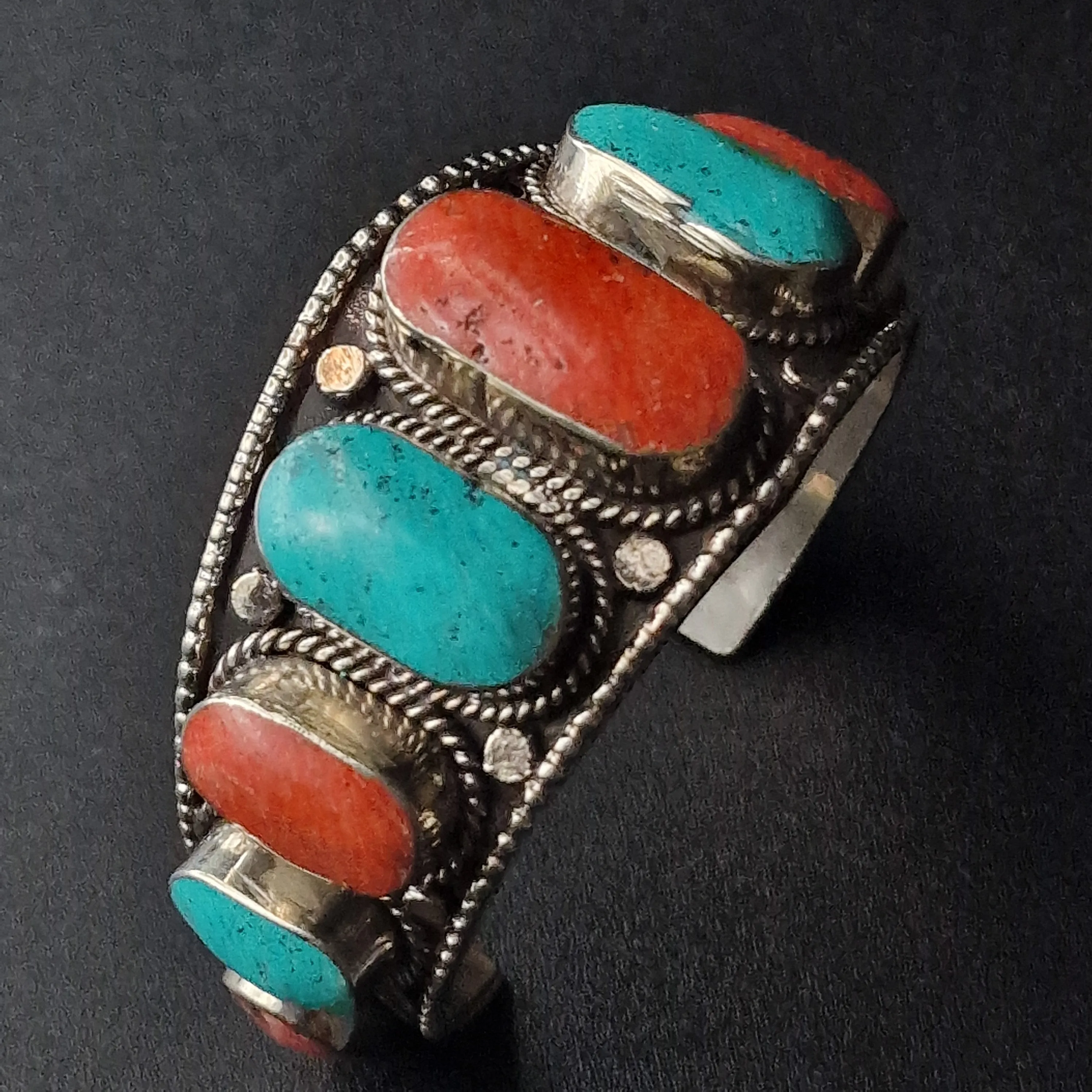Handmade Jewellery Bracelet Turquoise and Coral Cabochons
