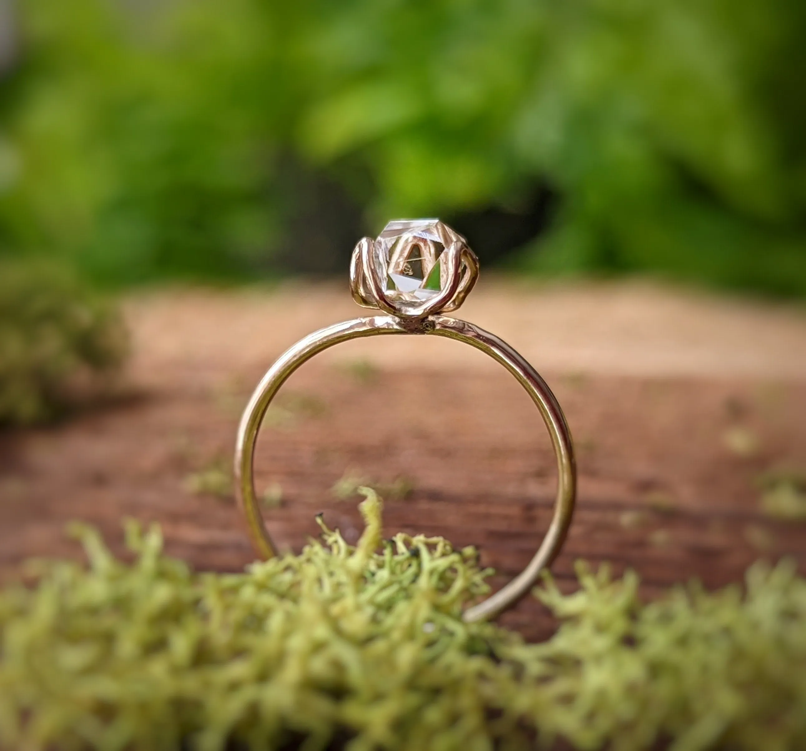 Herkimer diamond flower prong Gold engagement ring