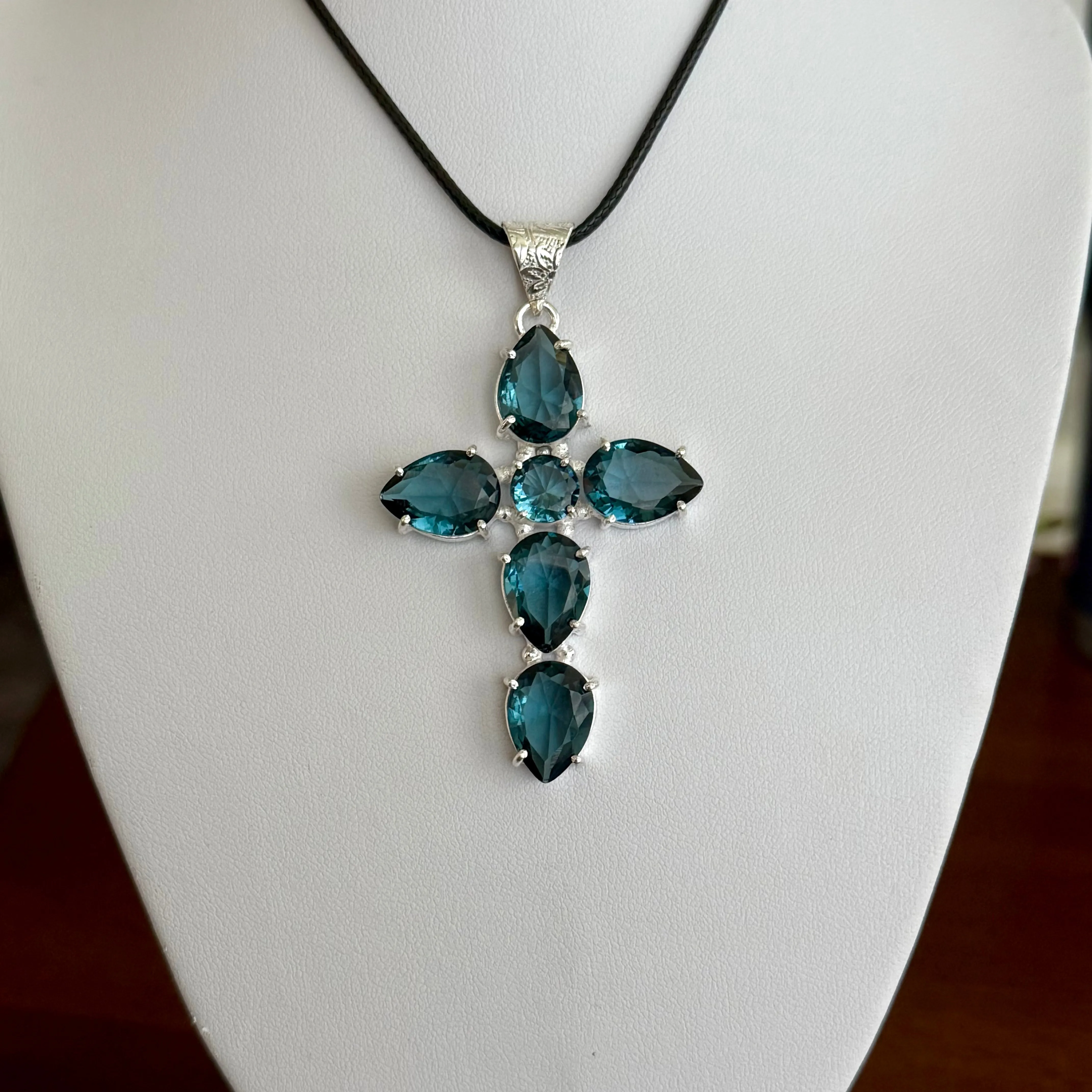London Blue Topaz CZ Cross Necklace Pendant Large Faceted Teardrop New