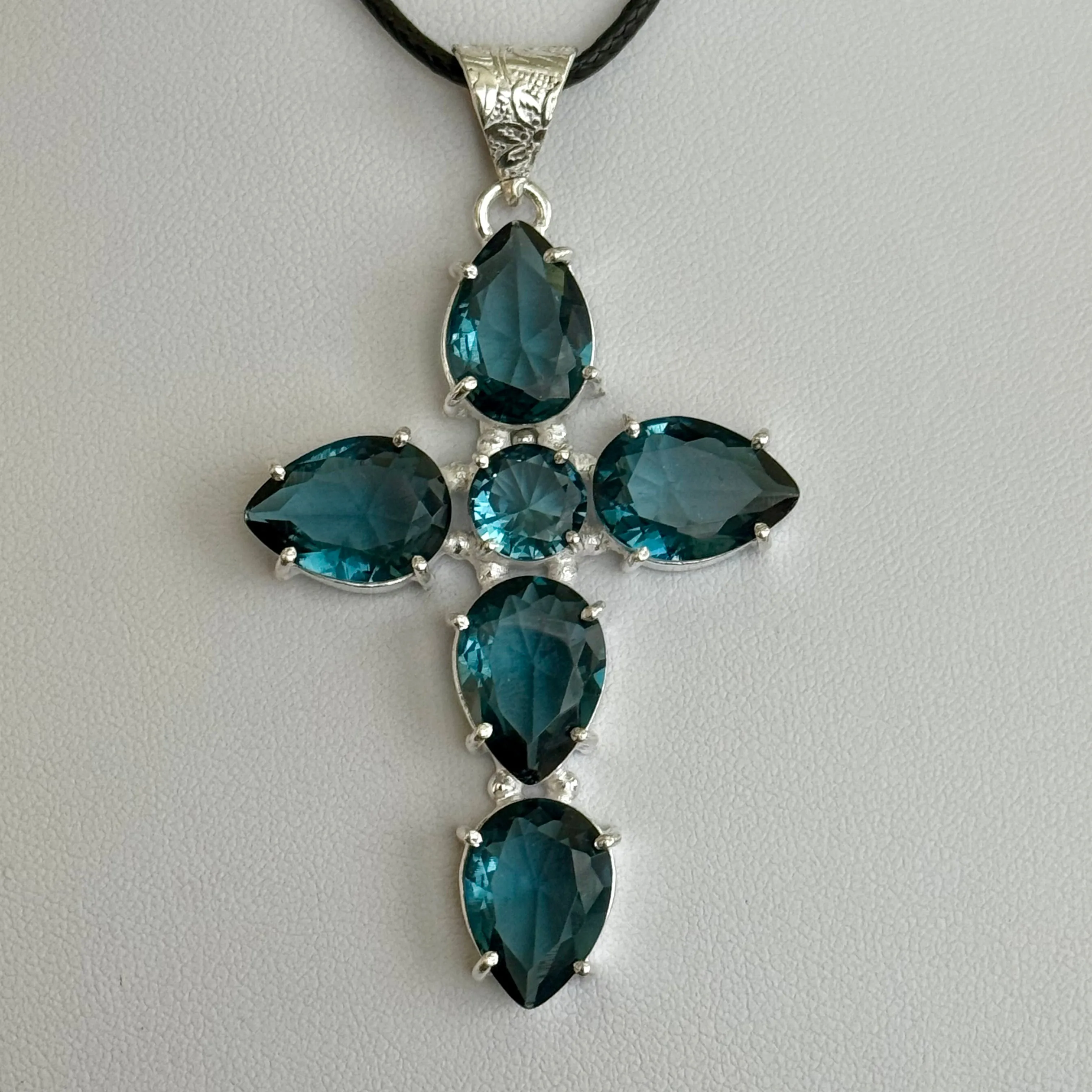 London Blue Topaz CZ Cross Necklace Pendant Large Faceted Teardrop New