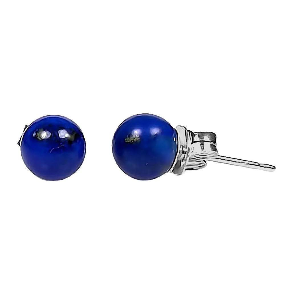 Natural Lapis Lazuli Ball Stud Post Earrings 925 Sterling Silver