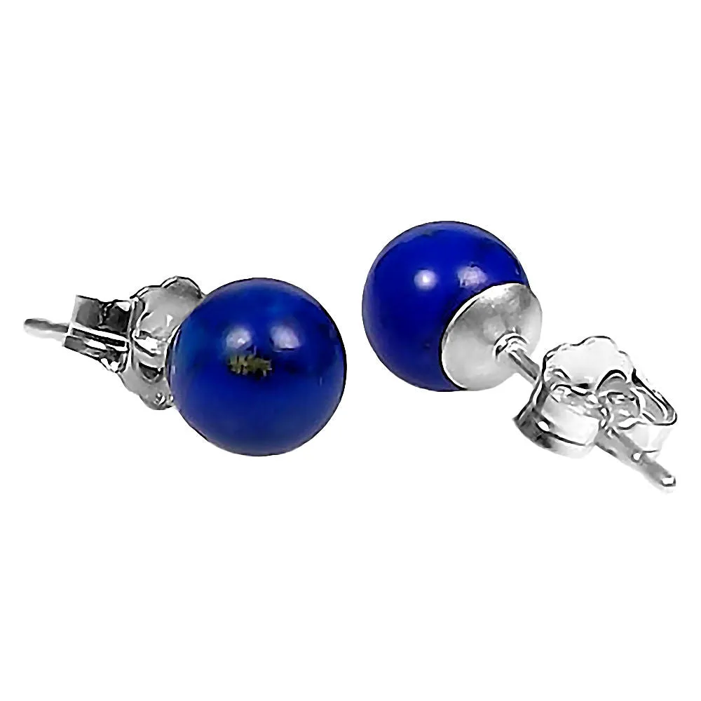 Natural Lapis Lazuli Ball Stud Post Earrings 925 Sterling Silver