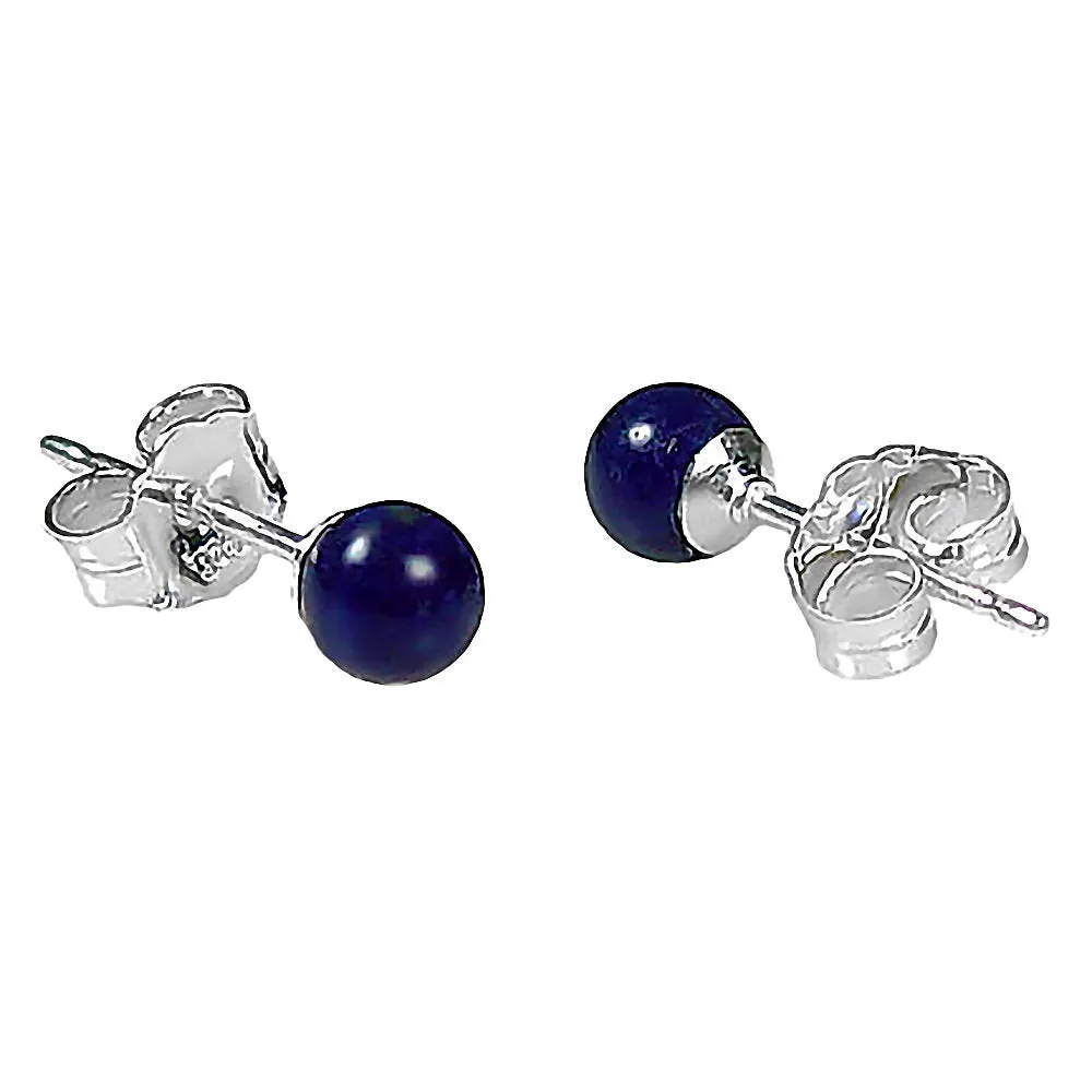 Natural Lapis Lazuli Ball Stud Post Earrings 925 Sterling Silver