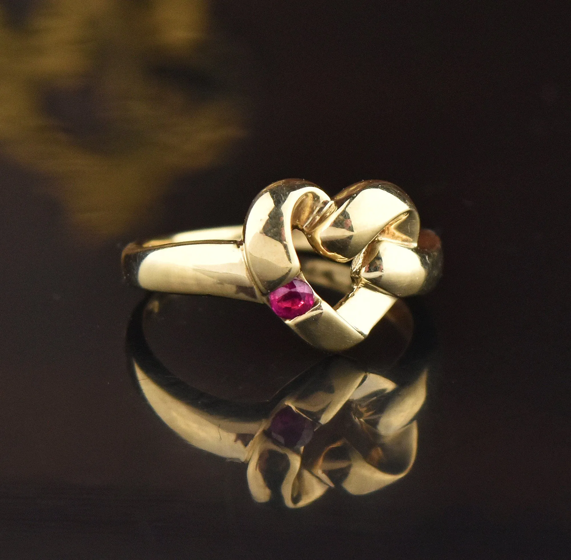 ON HOLD Vintage Love Knot 10K Gold Heart Ruby Ring