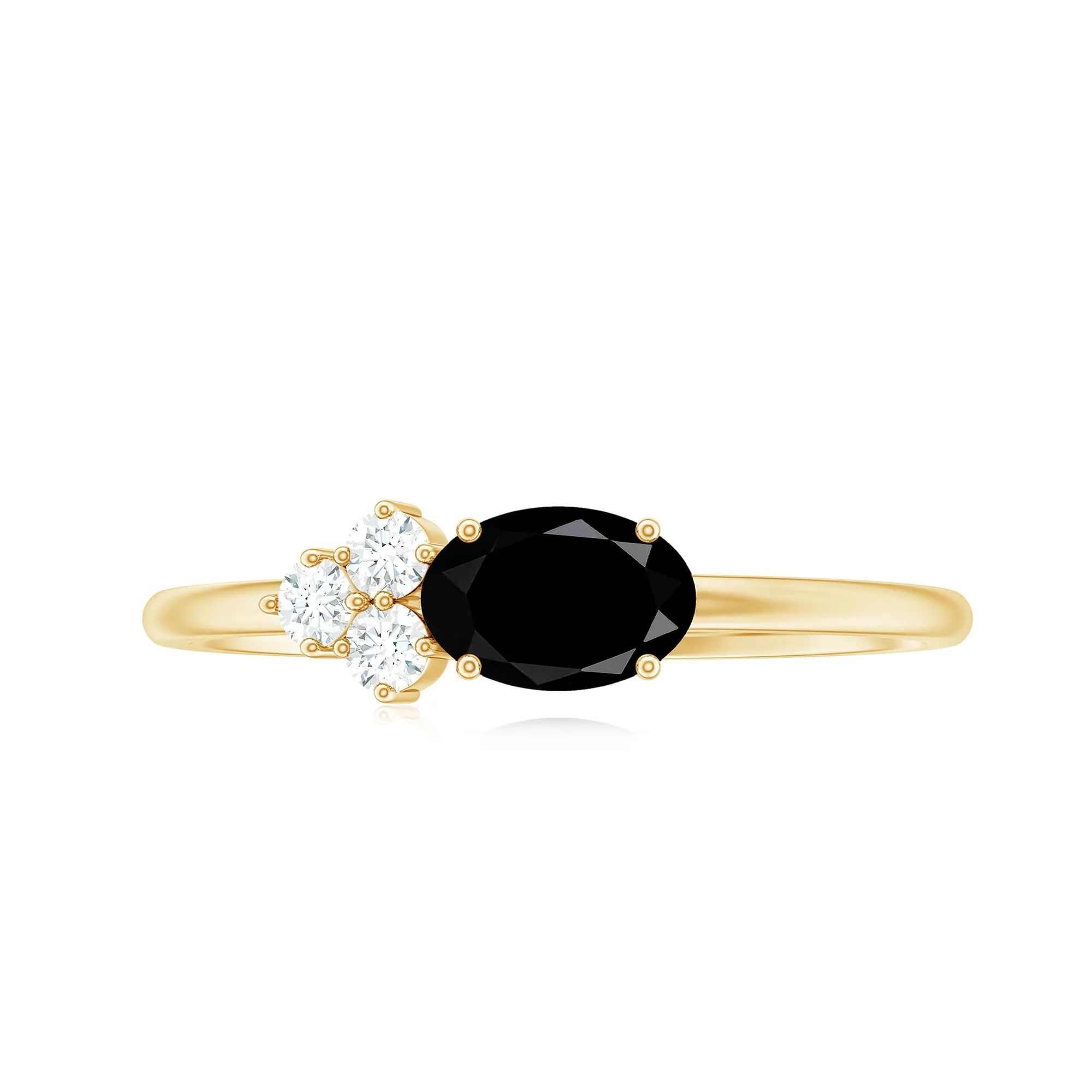 Oval Cut Created Black Diamond Minimal Ring with Diamond Trio