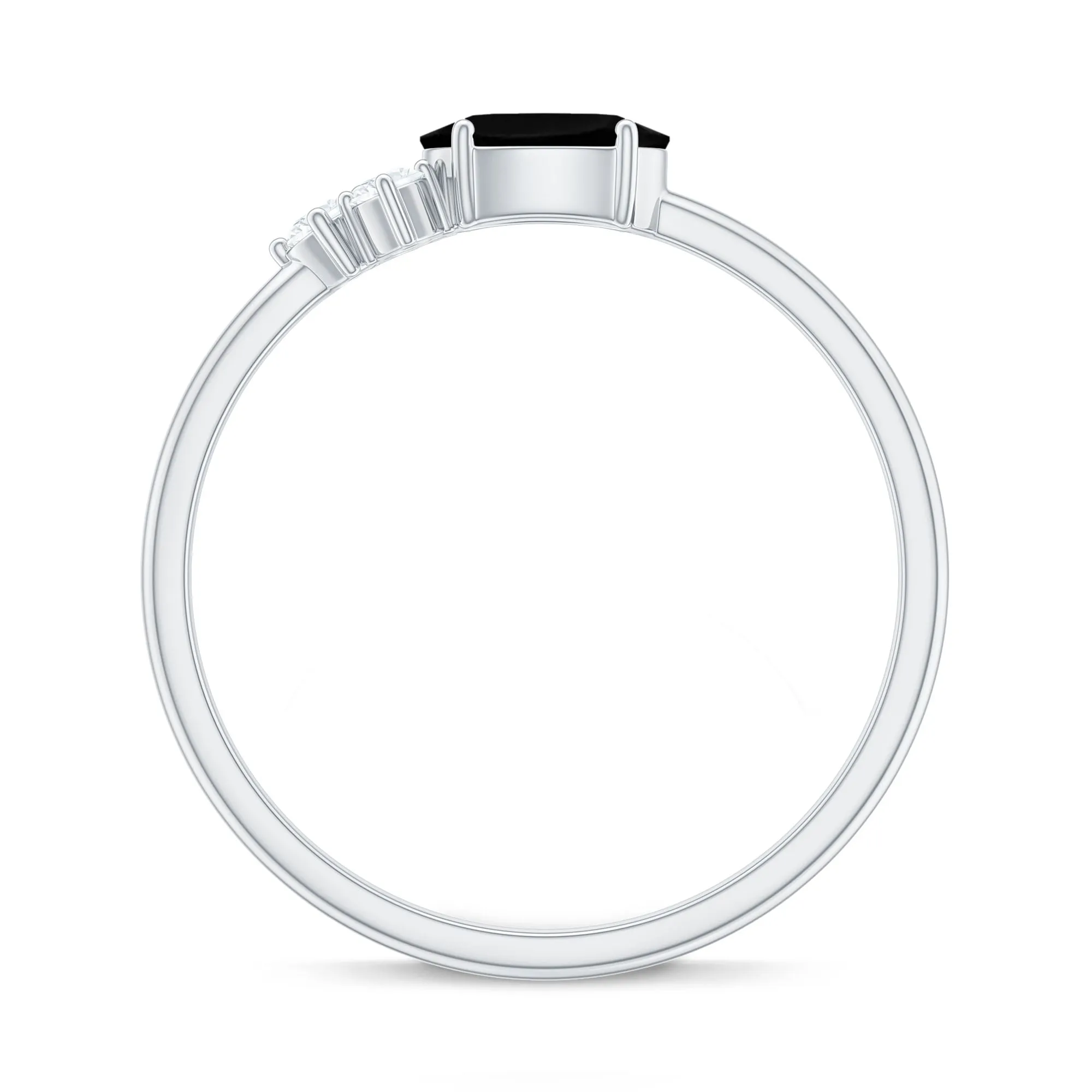 Oval Cut Created Black Diamond Minimal Ring with Diamond Trio