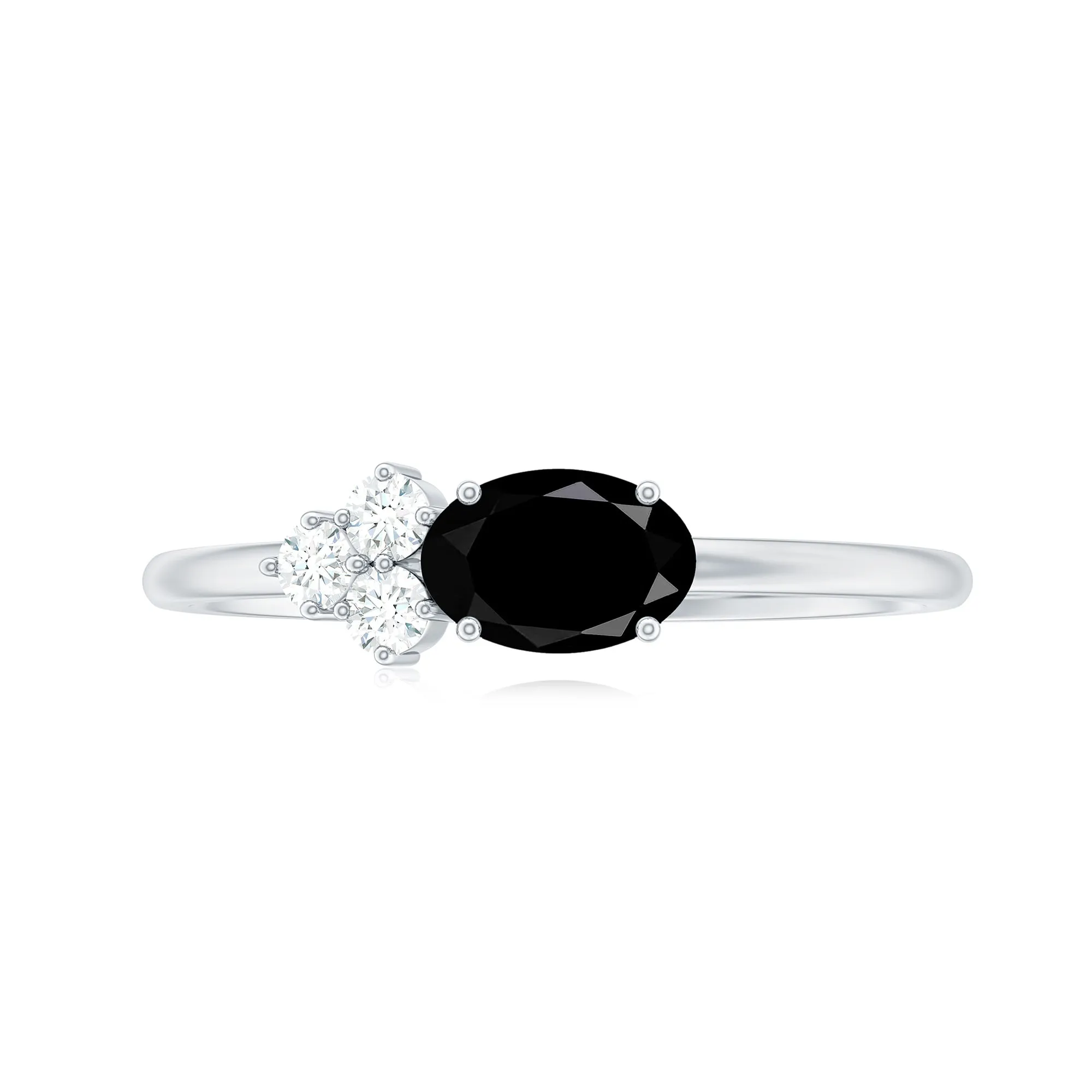 Oval Cut Created Black Diamond Minimal Ring with Diamond Trio
