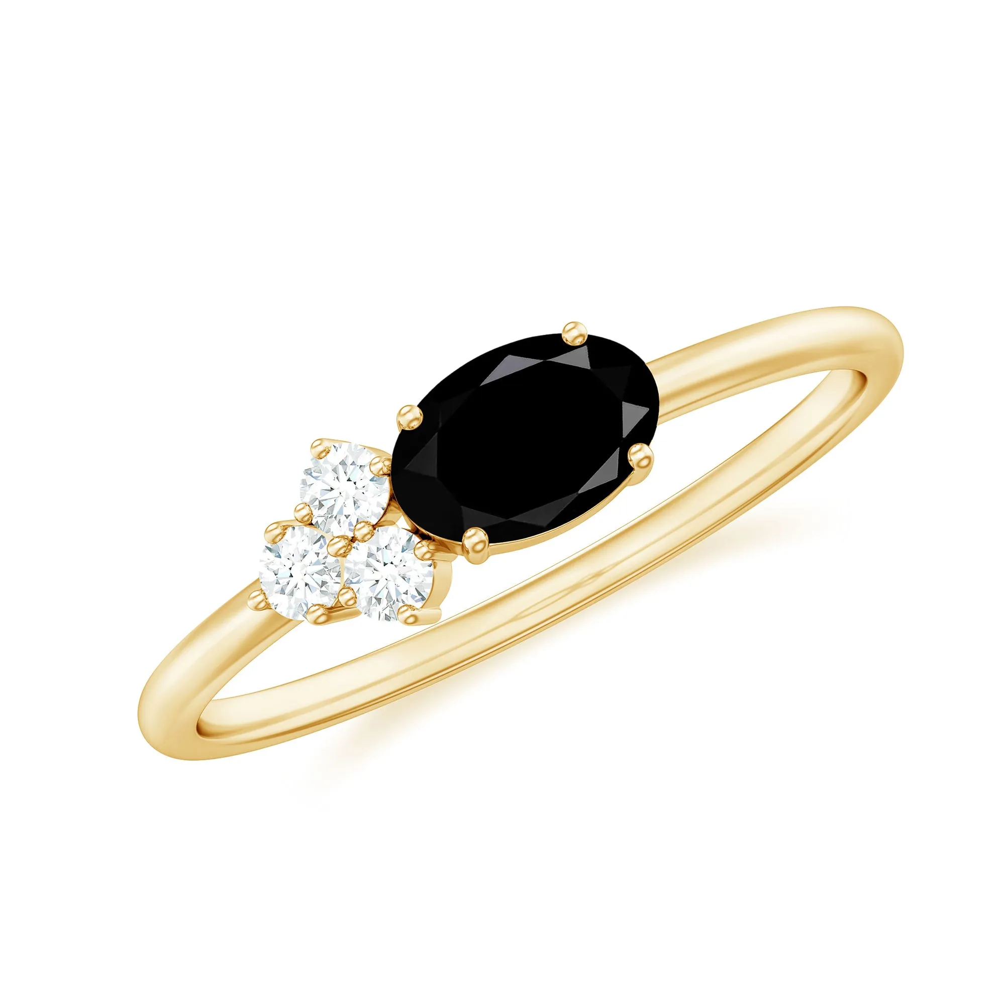 Oval Cut Created Black Diamond Minimal Ring with Diamond Trio