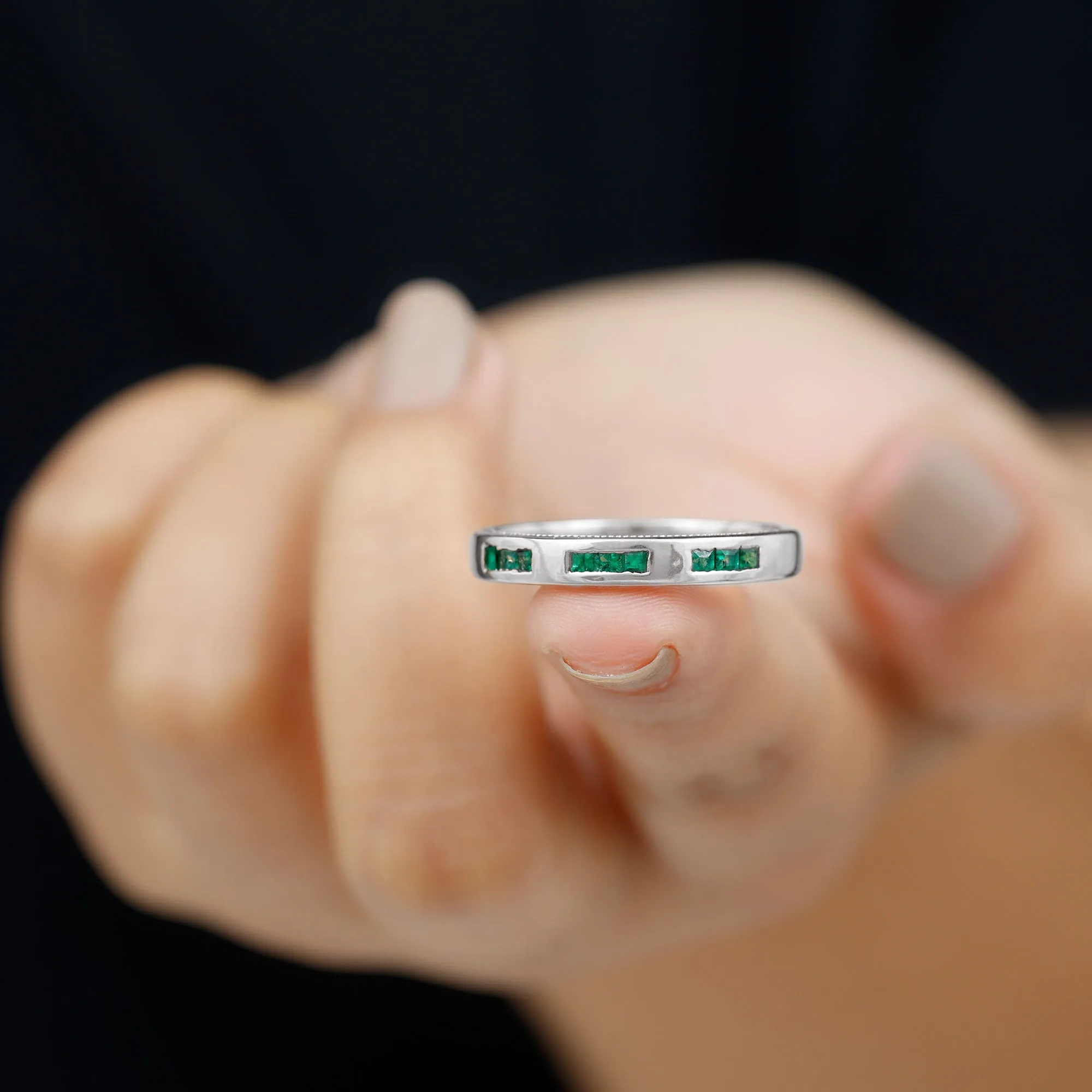 Princess Cut Emerald Wedding Band in Channel Setting