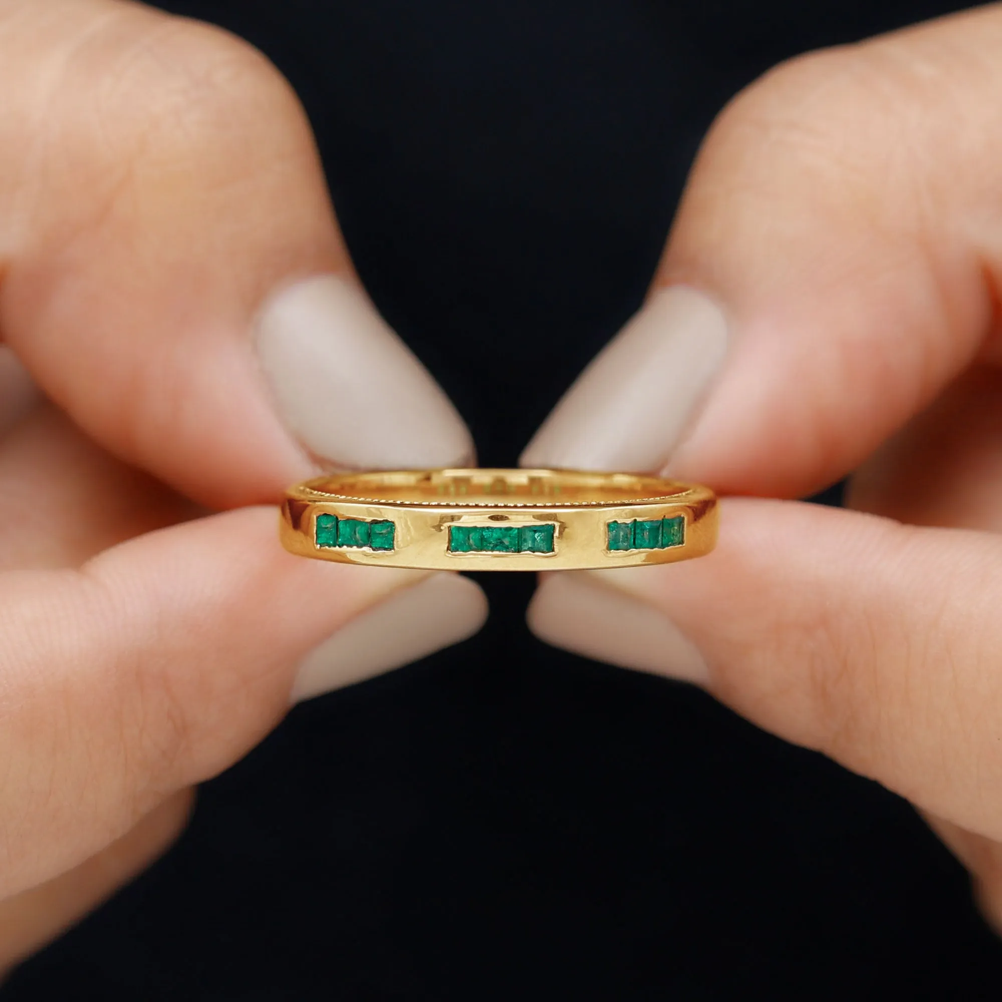 Princess Cut Emerald Wedding Band in Channel Setting