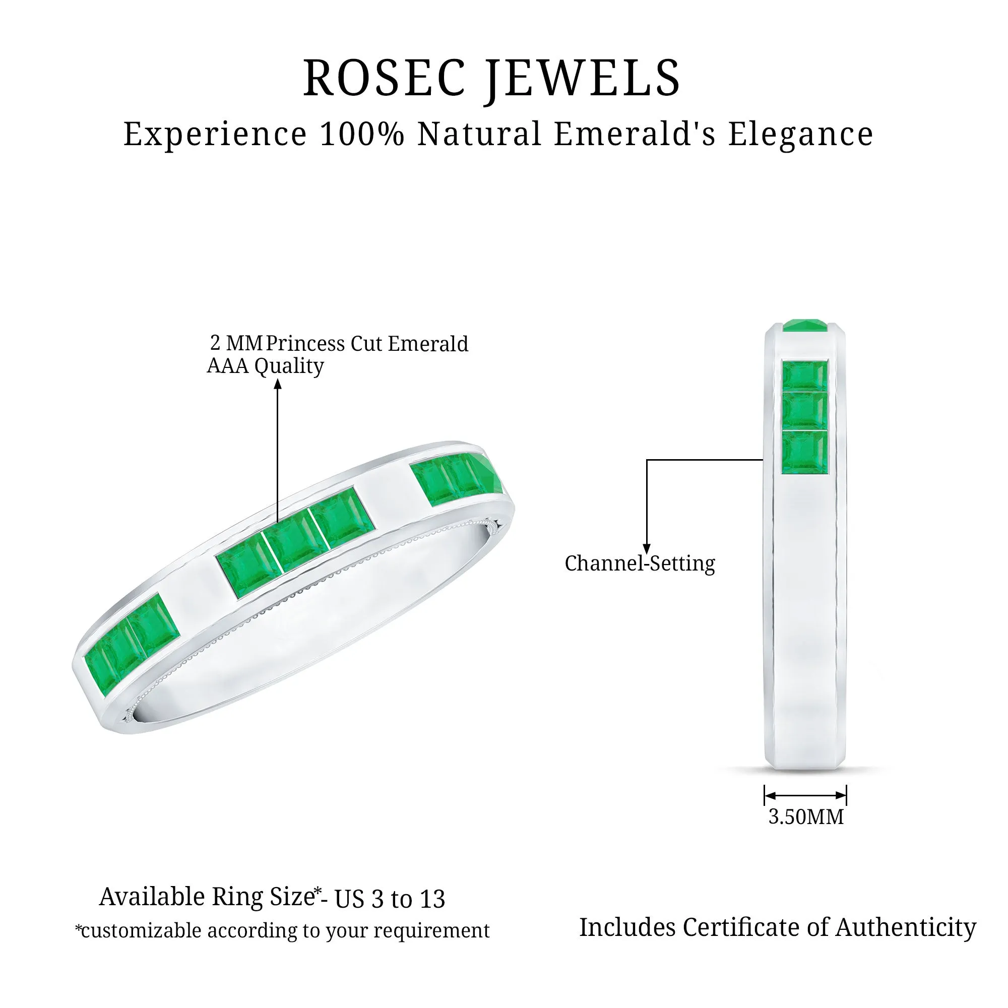 Princess Cut Emerald Wedding Band in Channel Setting