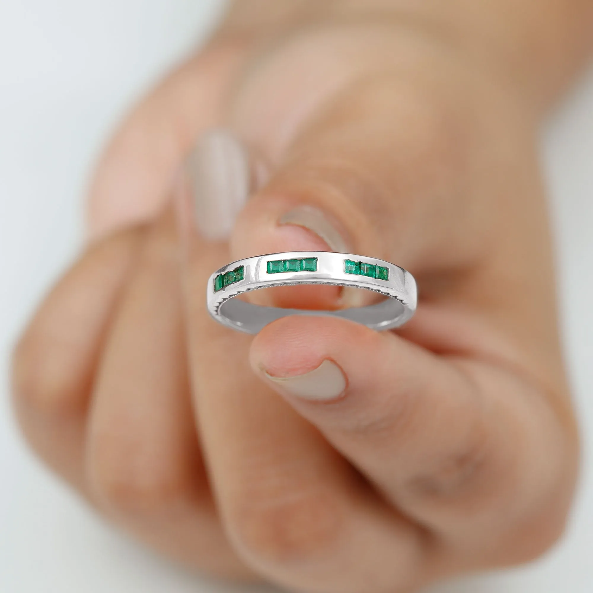 Princess Cut Emerald Wedding Band in Channel Setting