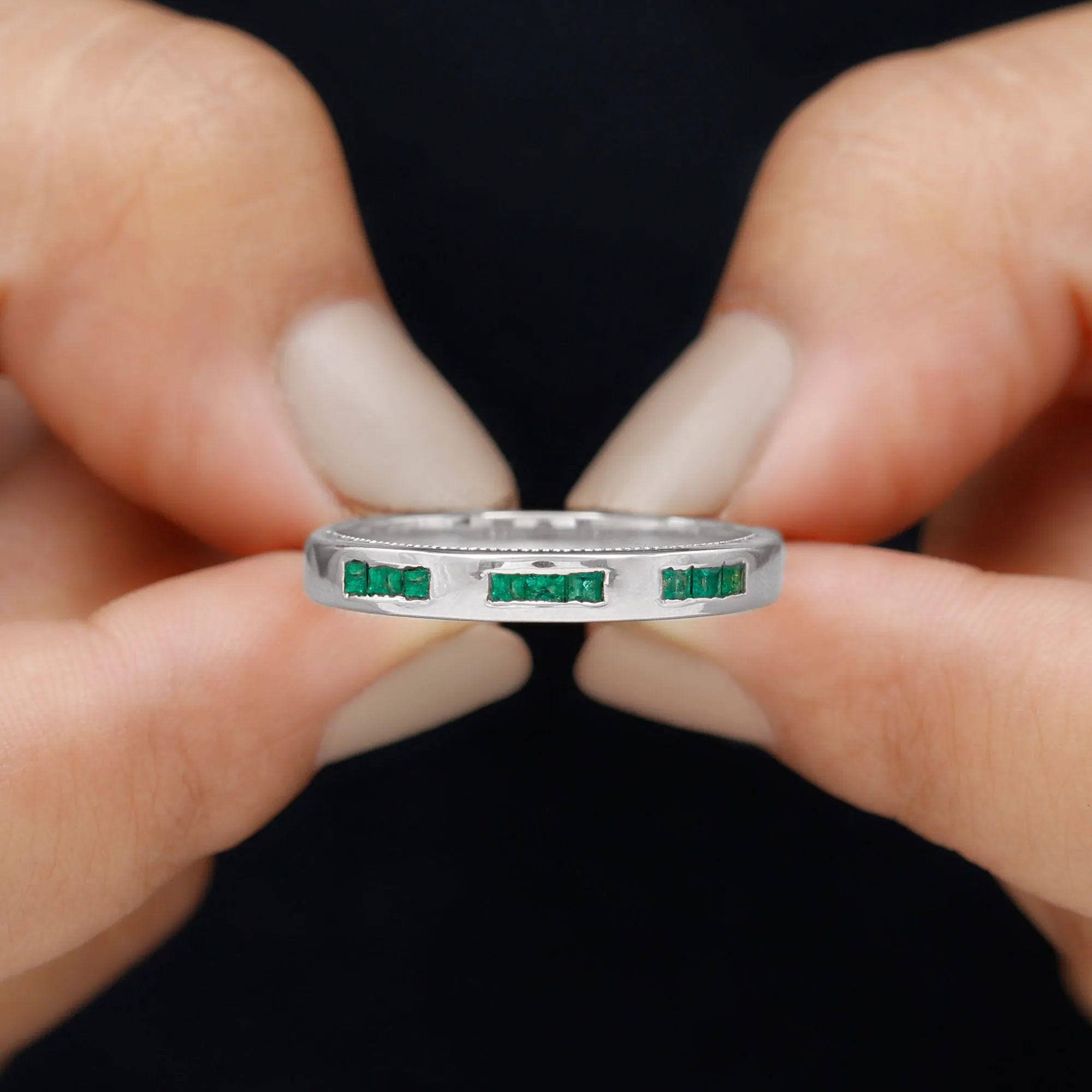 Princess Cut Emerald Wedding Band in Channel Setting