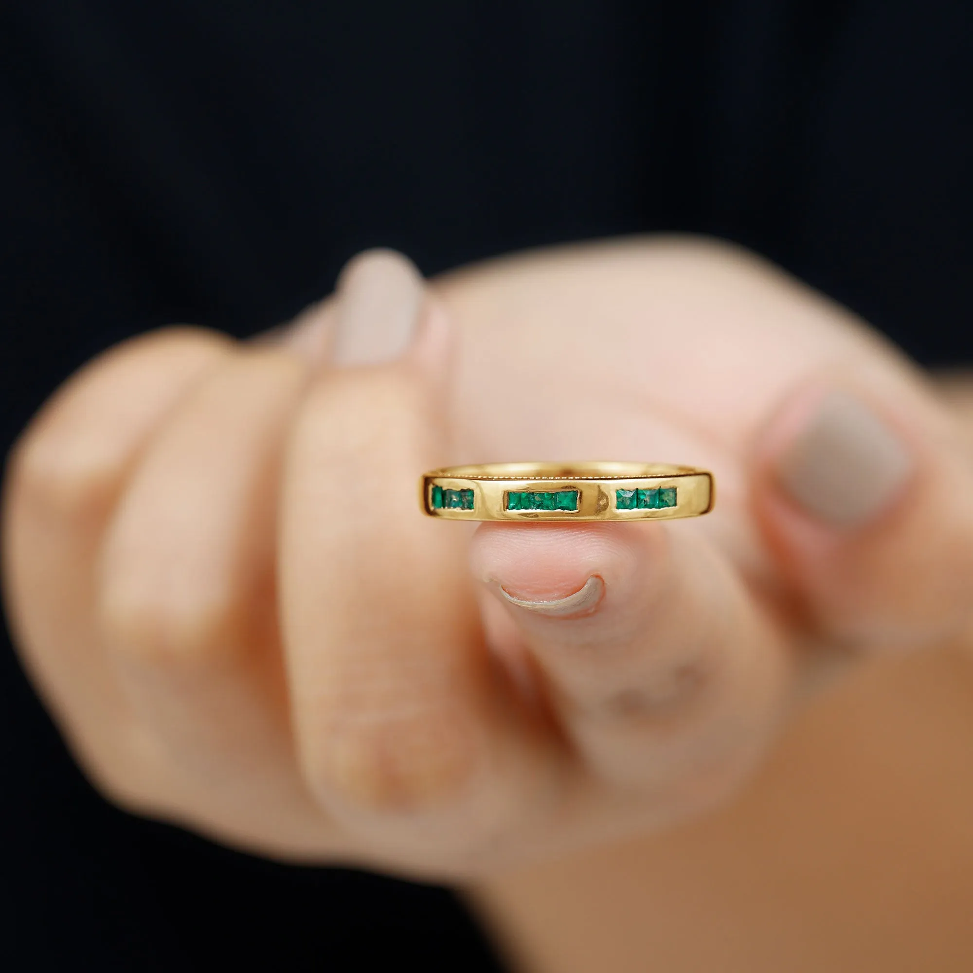 Princess Cut Emerald Wedding Band in Channel Setting